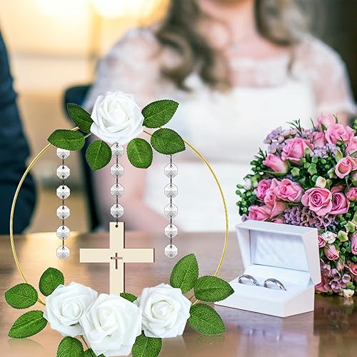 Miniatura 6 de Sintuff 72 centros de mesa de bautismo con 8 anillos de aro florales de metal, 8 soportes de madera, 8 cruces de madera de pie, 24 rosas falsas y 24