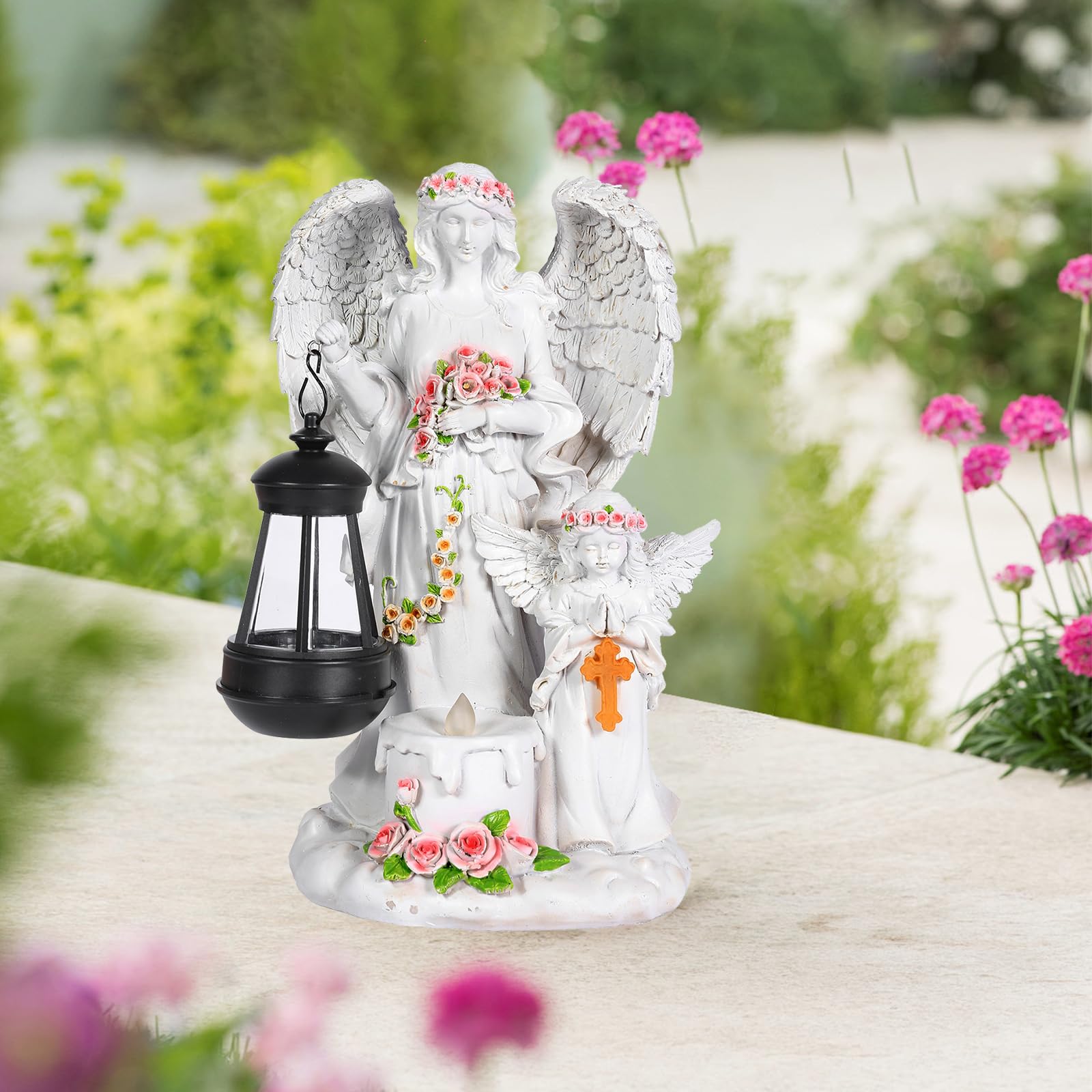 Estatuas de ángel solar para jardín, figura de ángel de la guarda con farolillo solar LED, decoración para exteriores, resistente a la intemperie, decoración para cementerio, escultura de