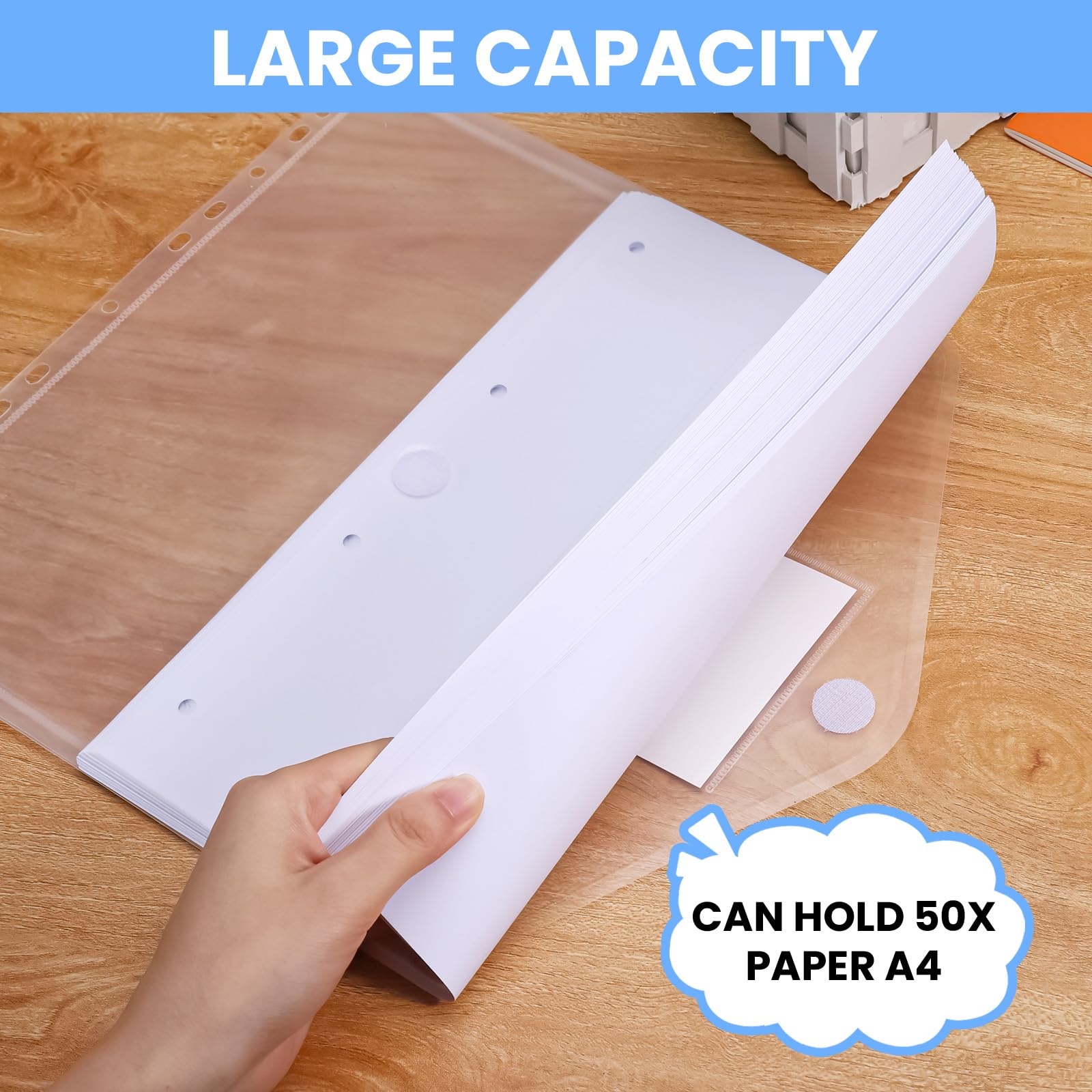 JIANTA 24 Pezzi Portafogli Popper A4 Trasparenti, Busta Portadocumenti, Tasche Perforate Espandibili, Cartelle Portafogli A4 in Plastica con Chiusura in Velcro per Organizzare i Documenti