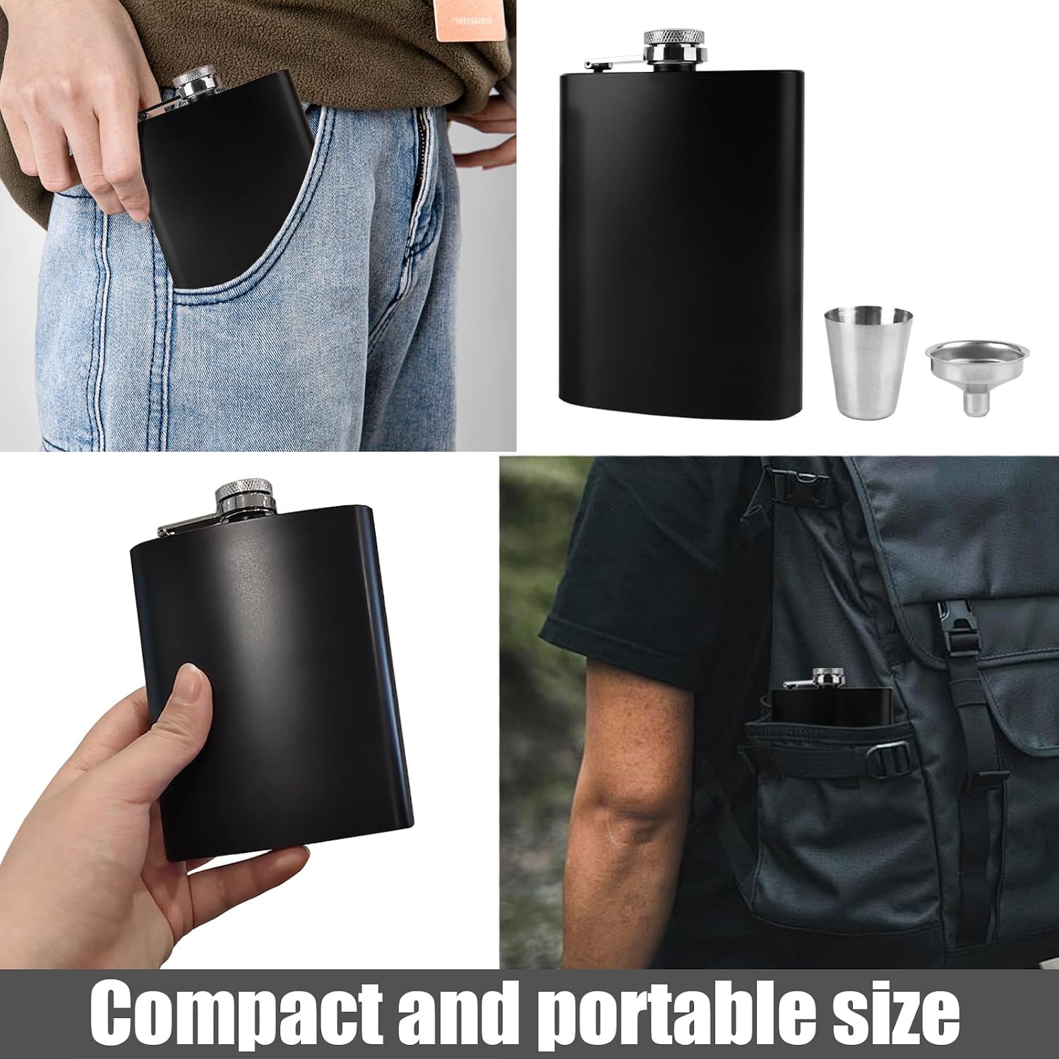 2 Pack 8 Oz Black Matte Stainless Steel Flasks, Leakproof with 2 Funnels and Cups, Ideal for Outdoor Travel and Daily Use, Great Gift for Men