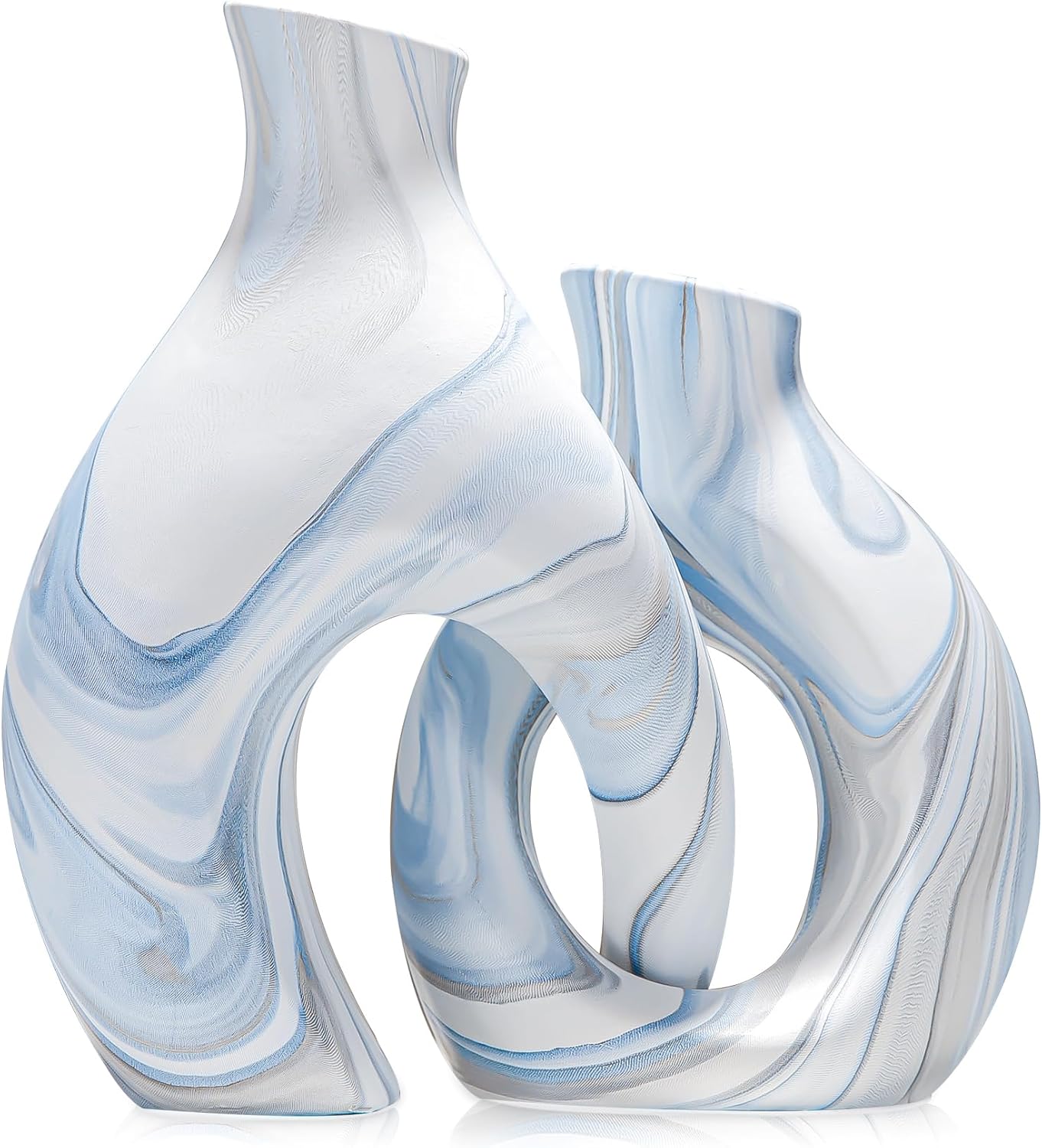 Blue Vases Set of 2, Modern Coastal Vase for Flowers, White vases for Table Centerpieces, Snuggle Hollow Vase Ceramic Decoration for Living Room, Nordic Boho Decor for Coffee Table Shelf