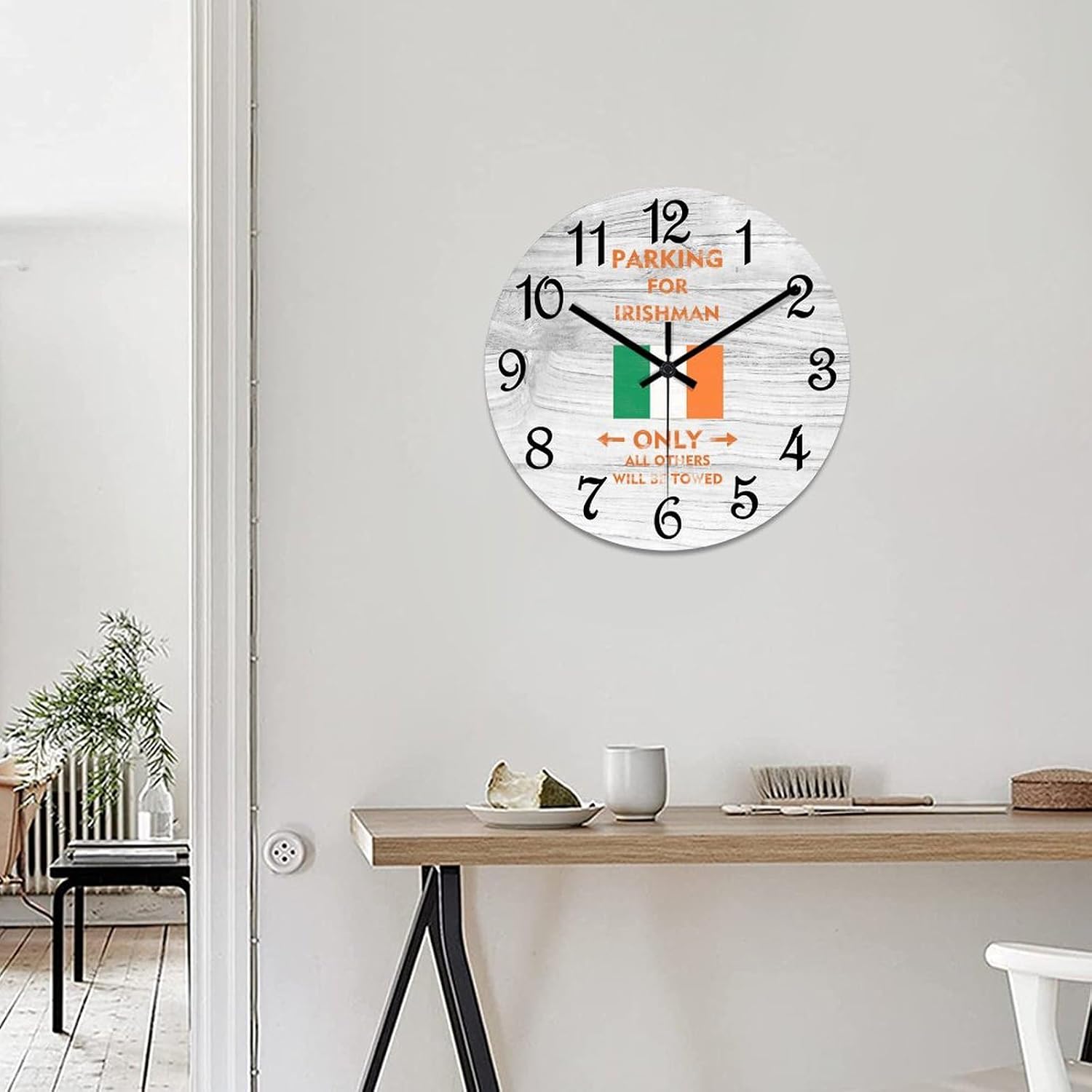 Ireland Flag Wooden Wall Clock Parking for Irishman Only All Others Will Be Towed Hanging Wall Clock Battery Operated Non-Ticking Sweep 15 Inch Rustic Chic Farmhouse Wall Clock For Wall Laundry
