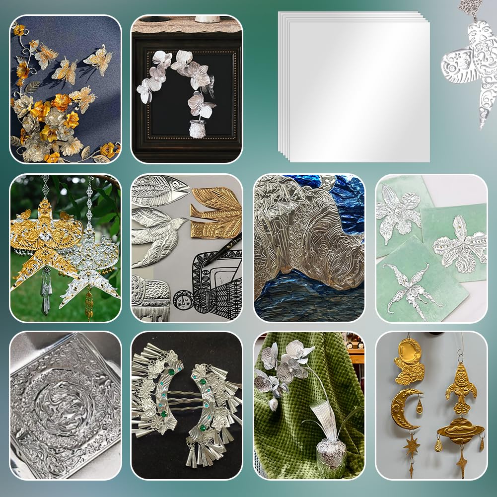 OLYCRAFT 100 hojas de aluminio y metal para manualidades, 15 x 15 cm, lámina metálica plateada de doble cara de 0,1 mm de grosor, lámina de estaño para pintar, grabar y grabar en relieve, proyectos de
