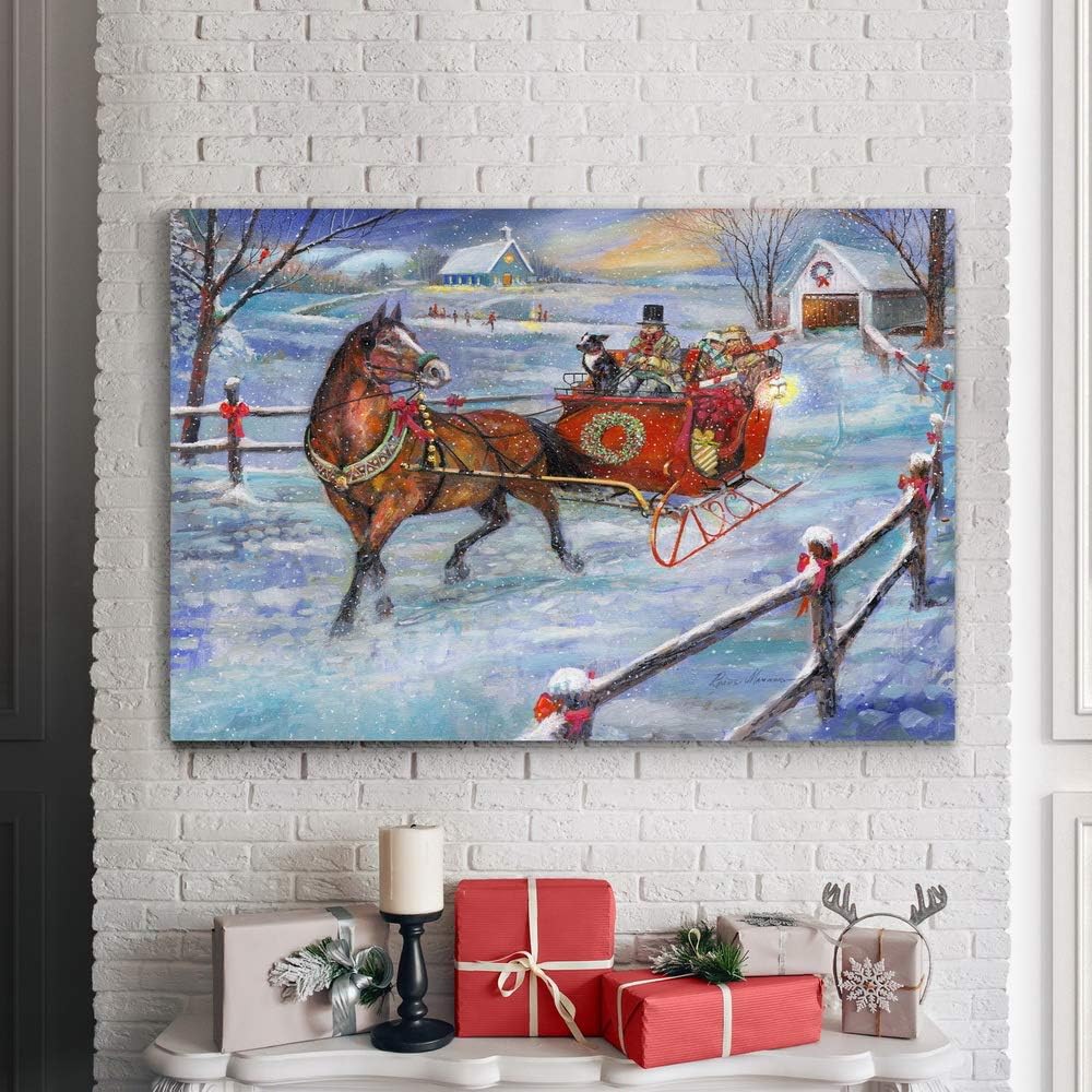 Renditions Gallery Sleigh Bells Wall Art, Festive Christmas Decorations, Horse and Family riding in the Snow, Premium Gallery Wrapped Canvas Decor, Ready to Hang, 24 in H x 36 in W, Made in America