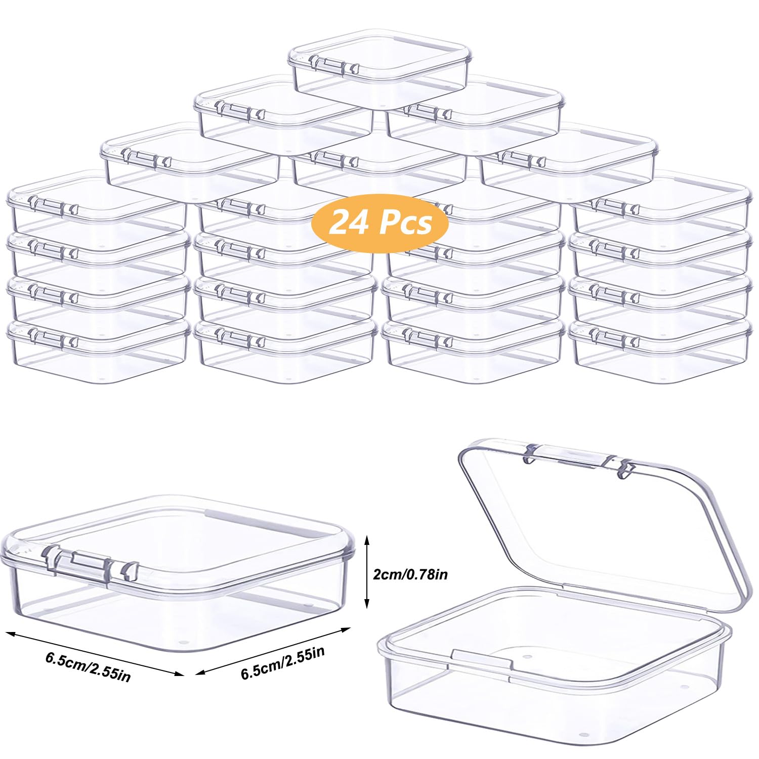 24 Pezzi Scatole Plastica con Coperchio Piccole, 6.5x6.5x2cm Piccole Scatole Plastica Trasparente, Mini Scatola Porta Oggetti per Pillole Perline Gioielli e Oggetti Artigianali