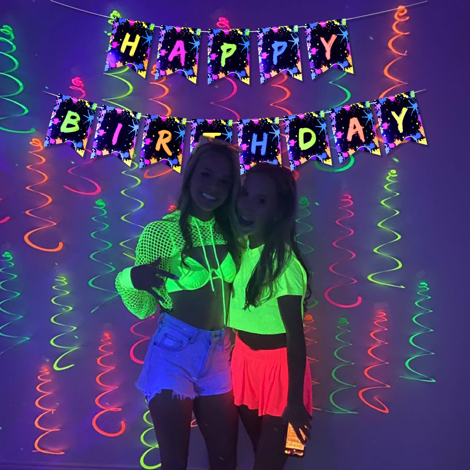 Neon-Leuchtbanner "Happy Birthday" – 250x98 Cm, Vorgespannt, Fluoreszierend Unter Schwarzlicht, Für Neon-Partys & Dekoration
