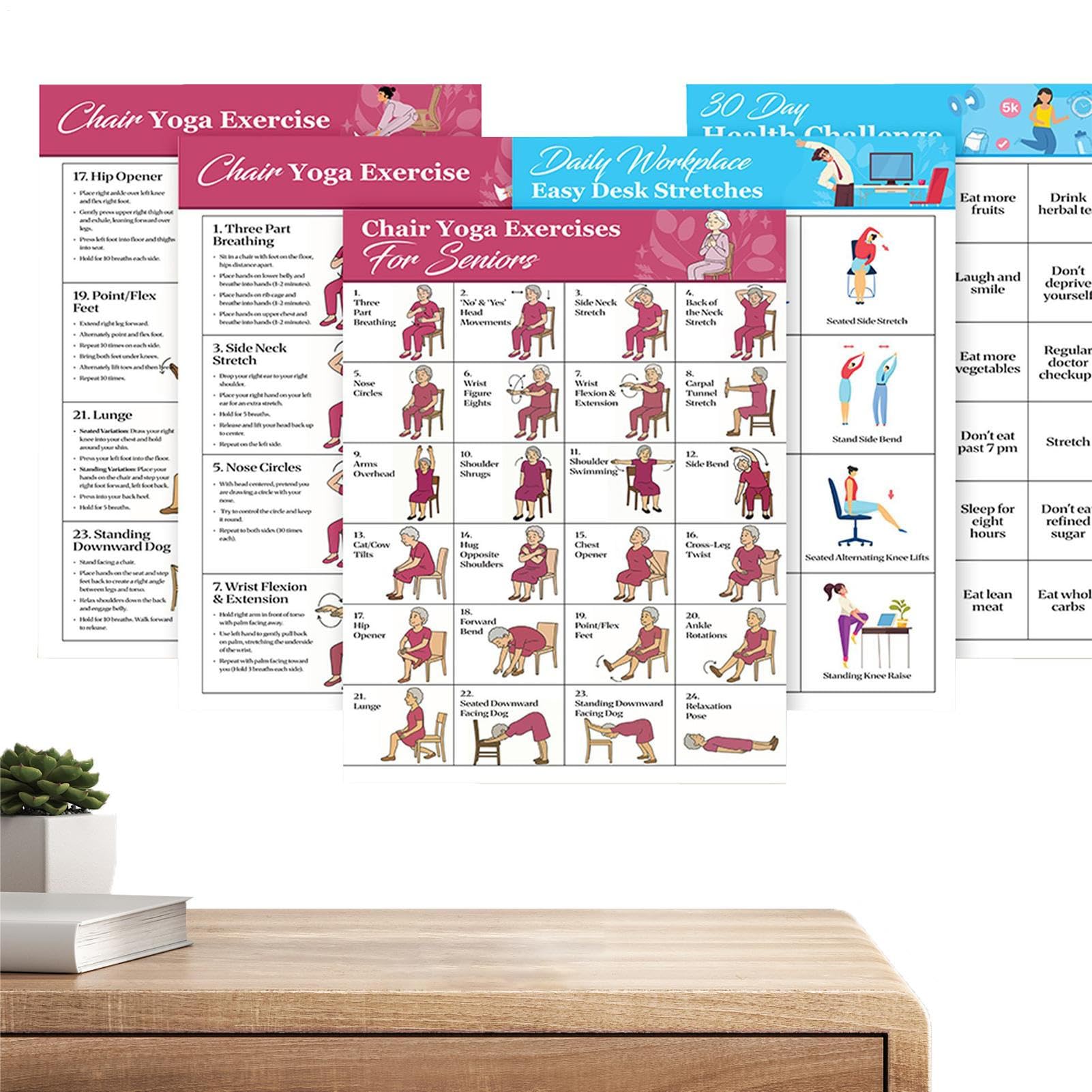 lyanny Poster da yoga per sedia – Poster da ginnastica da seduta, istruzioni (lingua italiana non garantita) , 11 pezzi, per allenamento senza foratura, per pilates, perdita di peso, casa, palestra