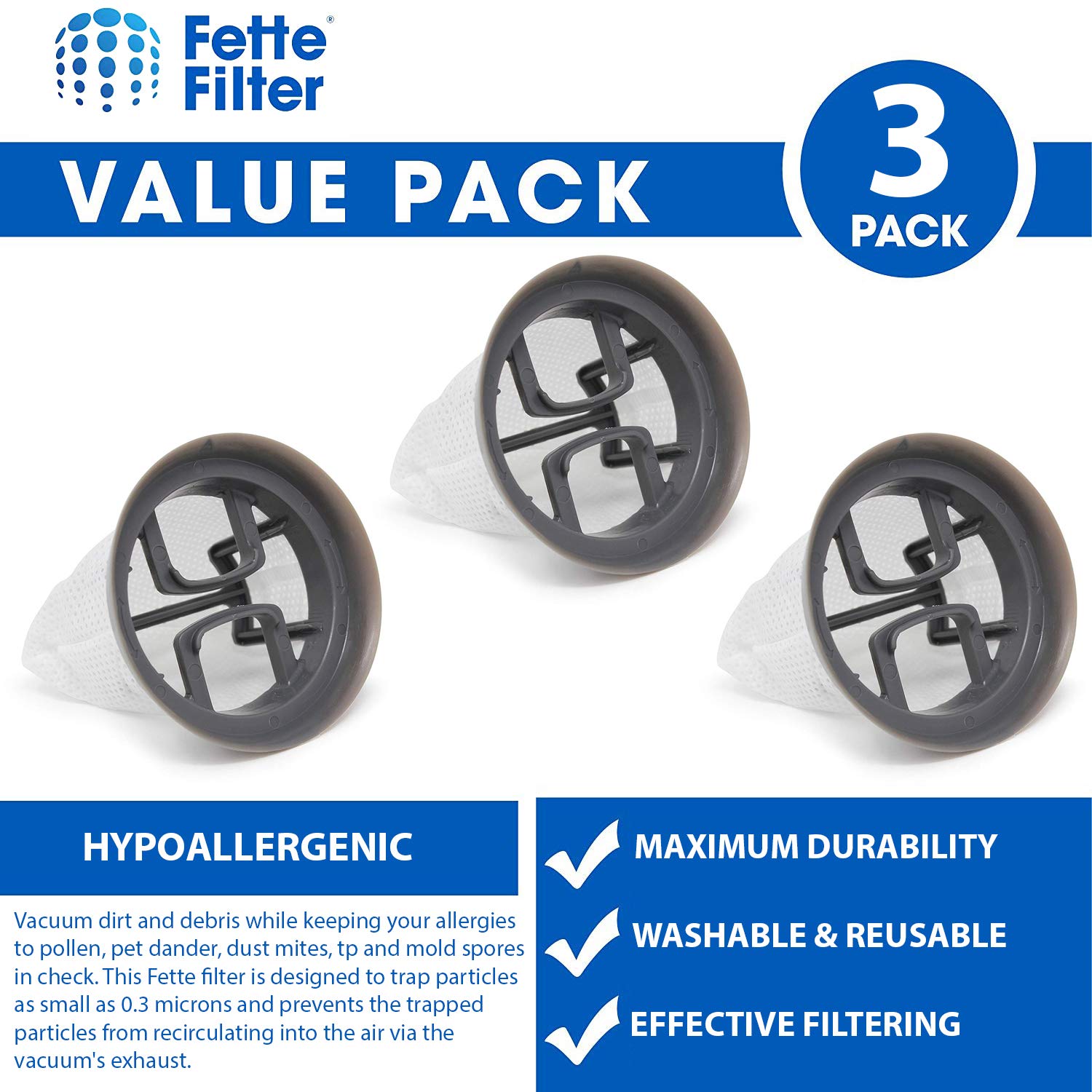 Fette Filter Hand Vacuum Filter Compatible with Bissell Bolt Stick. Compare to Part # 1479 (Pack of 3)