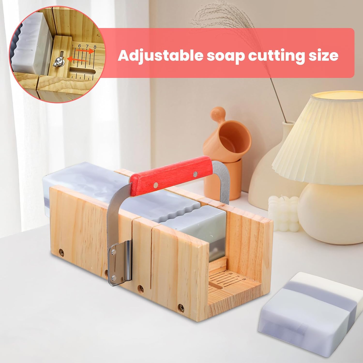 42oz Loaf Soap Making Supplies Kit, Included Adjustable Wooden Cutting Box + Rectangular Loaf with Wooden Box， Stainless Steel Wavy+Straight Cutter ， Silicone for DIY Soap Making