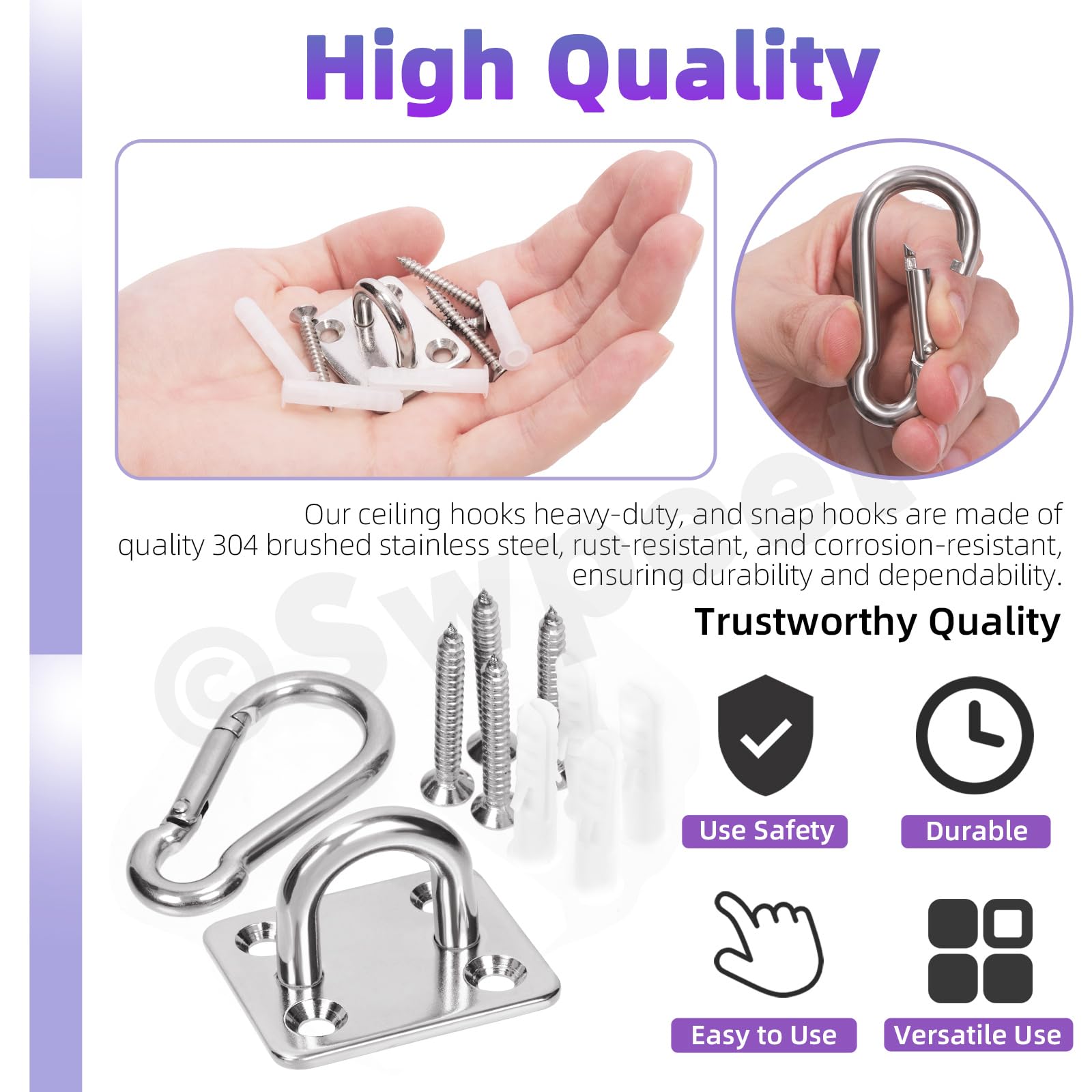 Swpeet 40 Pcs M8 Premium Heavy Duty Rhombus Stainless Steel Screw Hooks Kit with Pad Eye Hooks, Snap Hook - Image 3