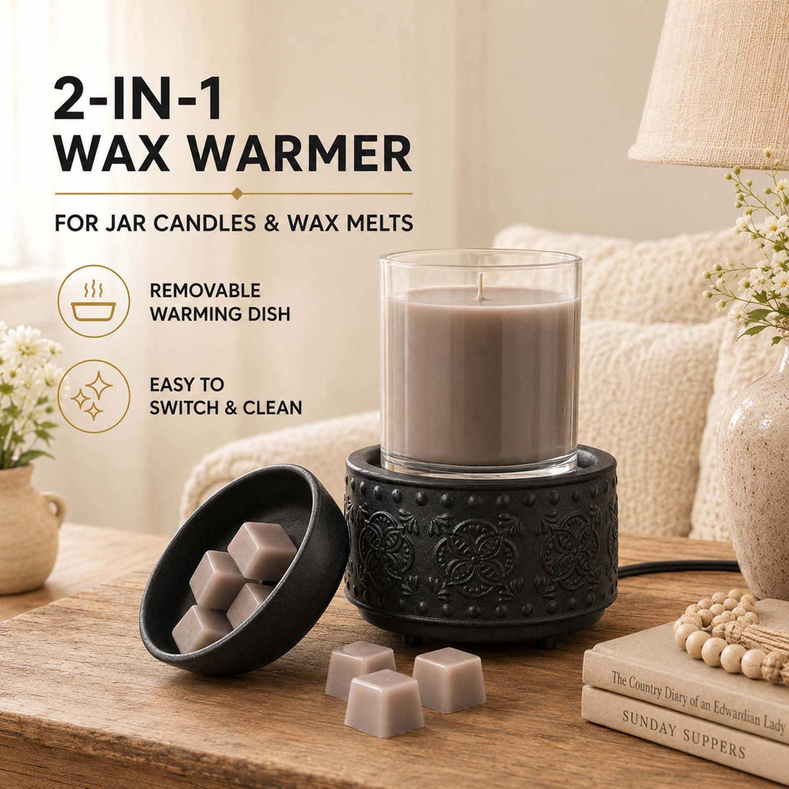 mocosa Ceramiczny podgrzewacz do wosku, podgrzewacz do wosku zapachowego, elektryczny podgrzewacz do świec, domowy podgrzewacz wosku zapachowego, jako prezent dla mamy, babci, kobiet, czarny