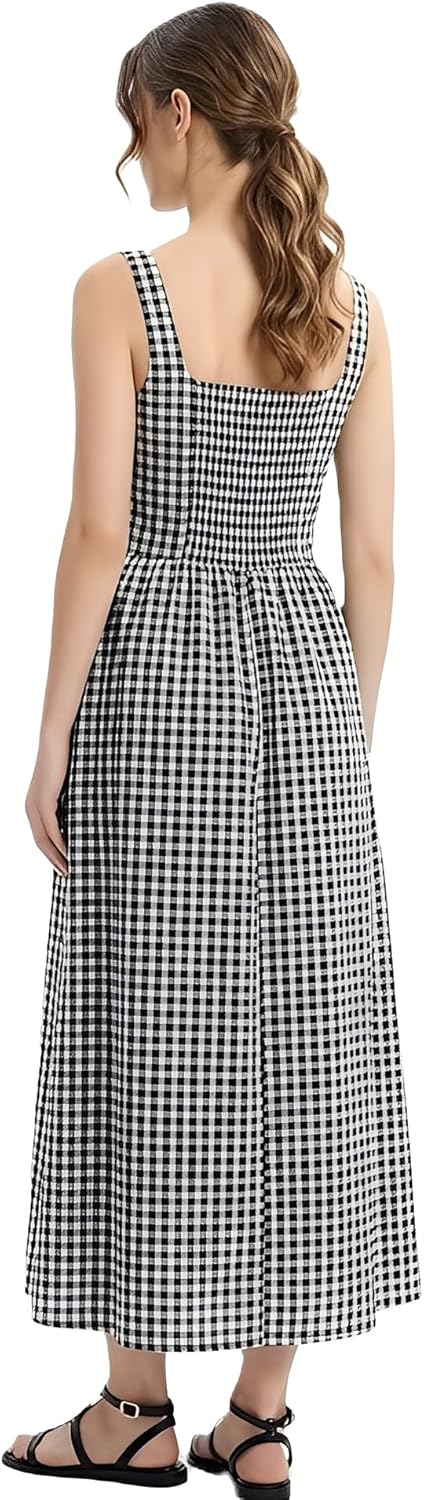 Women's Casual Sleeveless Midi Cotton Gingham Dress with Pockets - Image 7