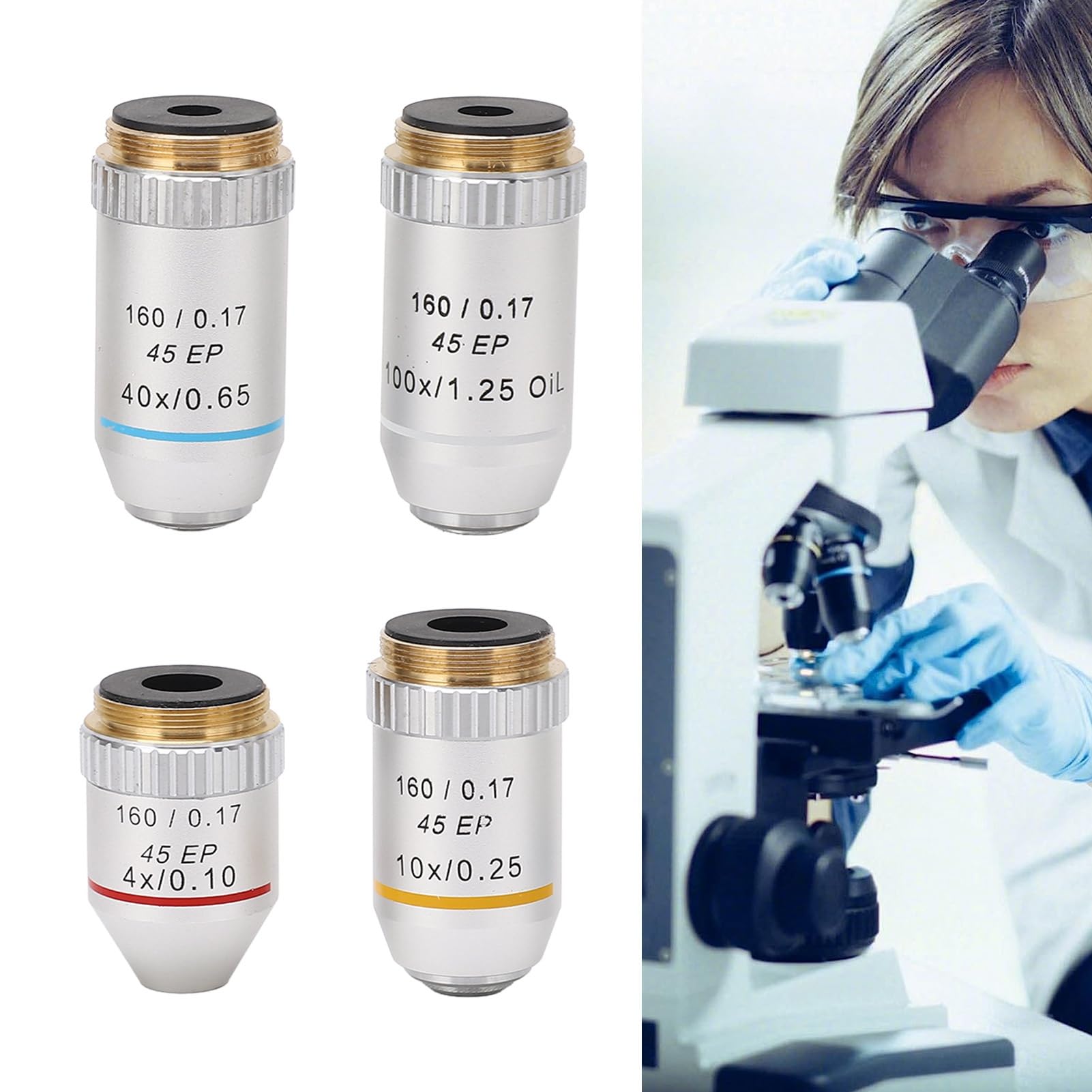 Obiettivo Acromatico, Obiettivo per Microscopio 4X 10X 40X 100X Ottone Cromato Acciaio Inossidabile Dimensioni RMS per Microscopi Biologici Studenti di Laboratorio Uso di Riparazione
