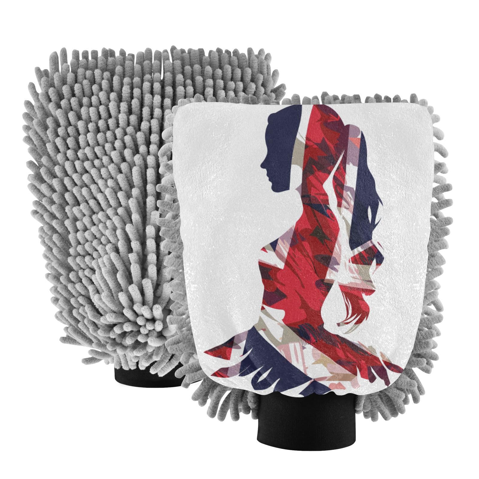 ALAZA British Flag Woman Car Wash Mitt Scratch Free, 2 Pack Absorbent Microfiber/Chenille Washing & Drying Mitts, L