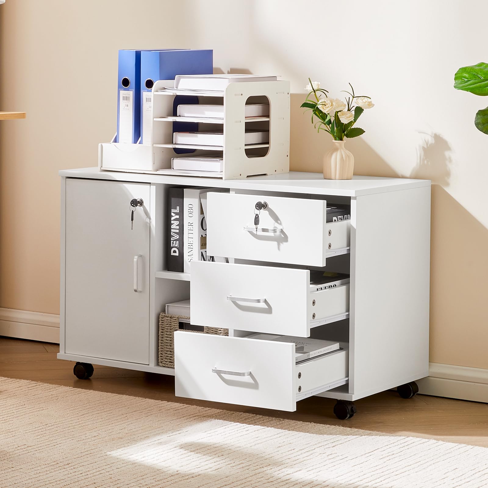 TUKAILAi Caisson de Bureau Rangement à 3 Tiroirs Verrouillables, Caisson Imprimante Mobile avec Roulettes, Armoires de Rangement avec Étagères Ouvertes pour Format A4 (Blanc)