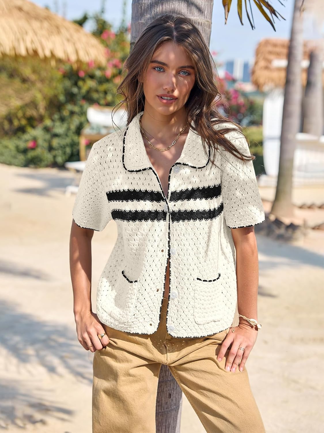 Yousify Womens Striped Short Sleeve Sweater Casual Knitted Button Down Crochet Cardigan Vintage Y2k Hollow-Out Tops - Image 3