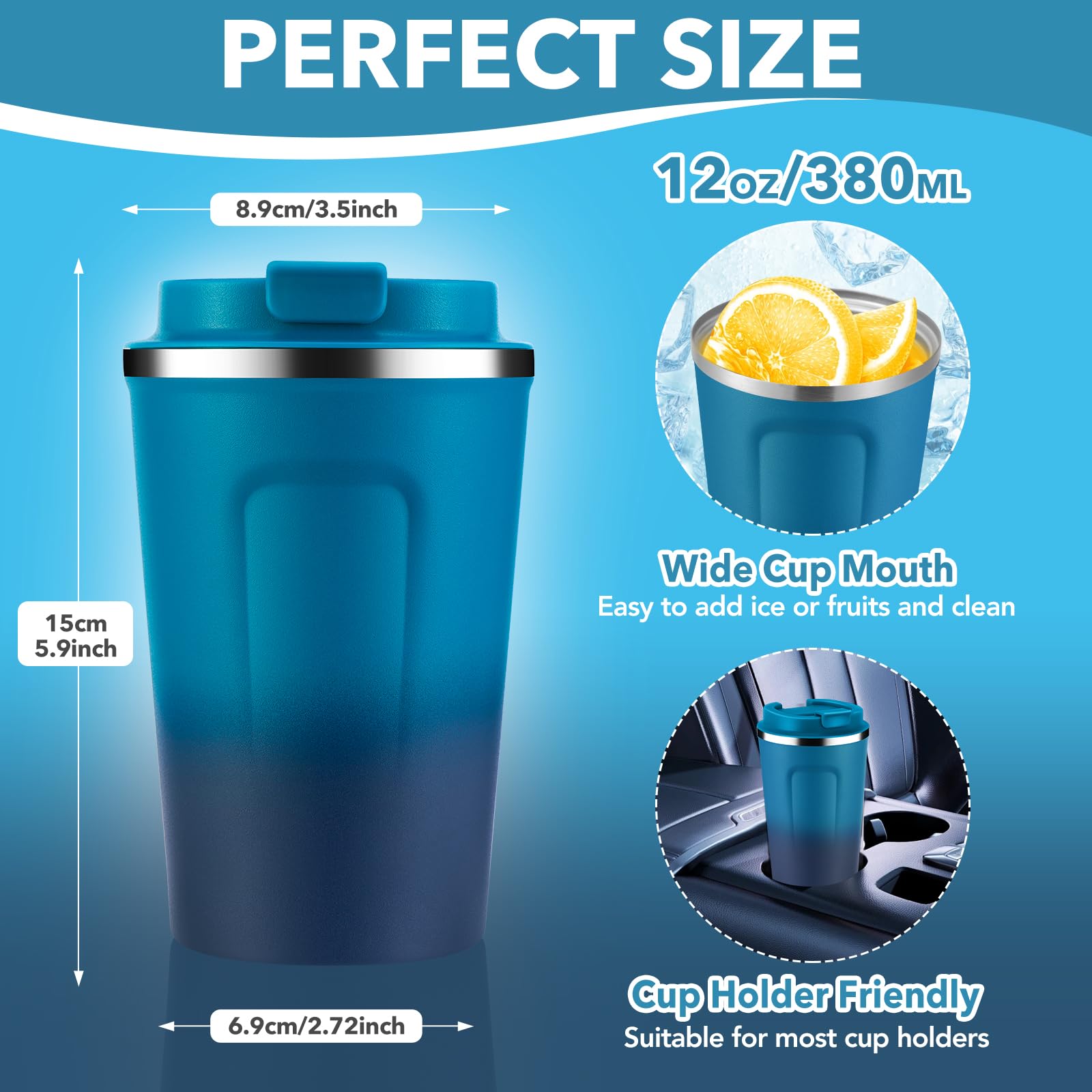 Volhoply 340ml 12oz Double Wall Insulated Vacuum Travel Coffee Mugs with Flip Lid Bulk 2 Pack,Reusable Stainless Steel Leak Proof Coffee Cup,Cafe Thermal Tumbler for Hot & Cold Drinks(Mix,2 Set) - Image 2