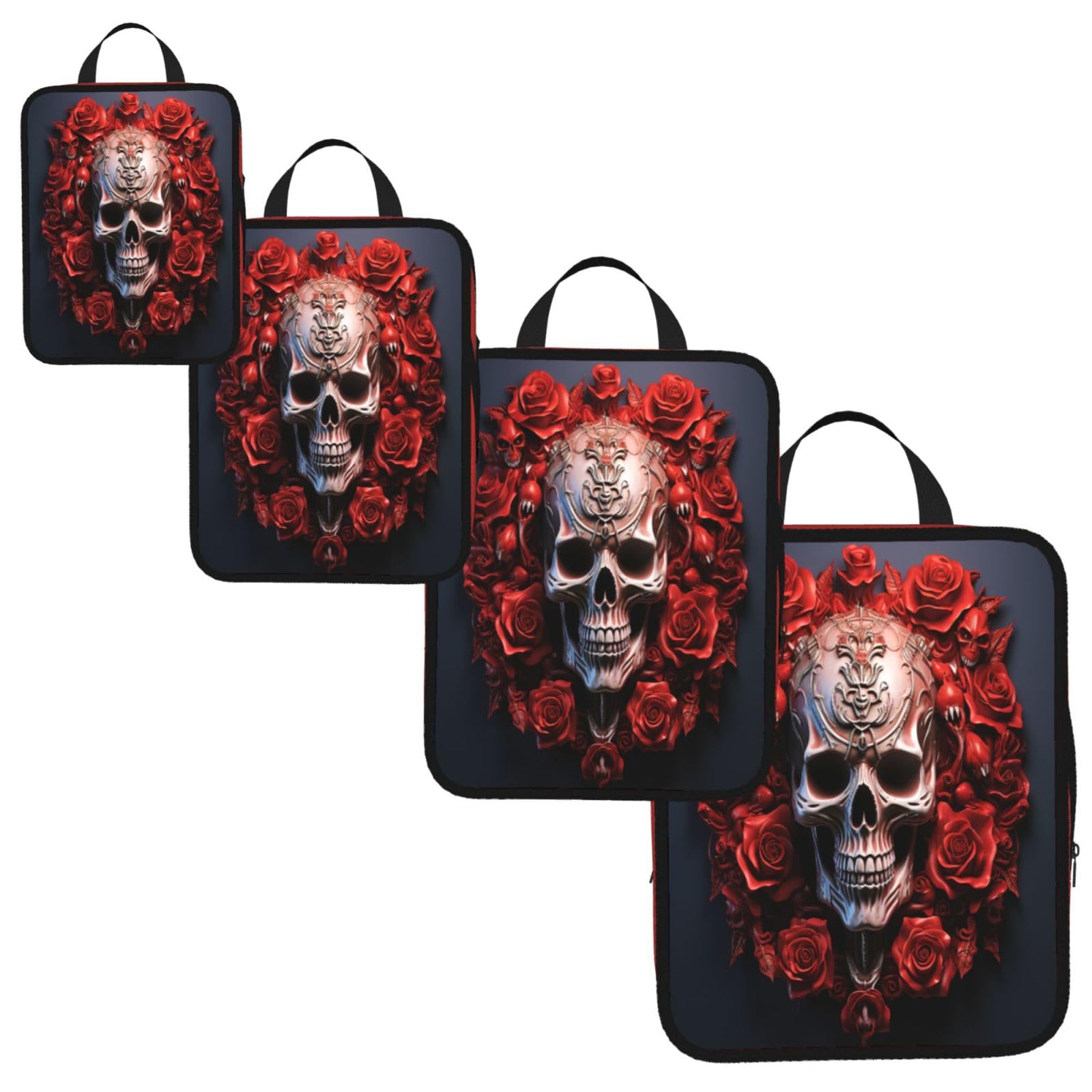 Rose Skull Print 4 Set Compression Packing Cubes for Suitcases,Expandable Storage Bag Organizers