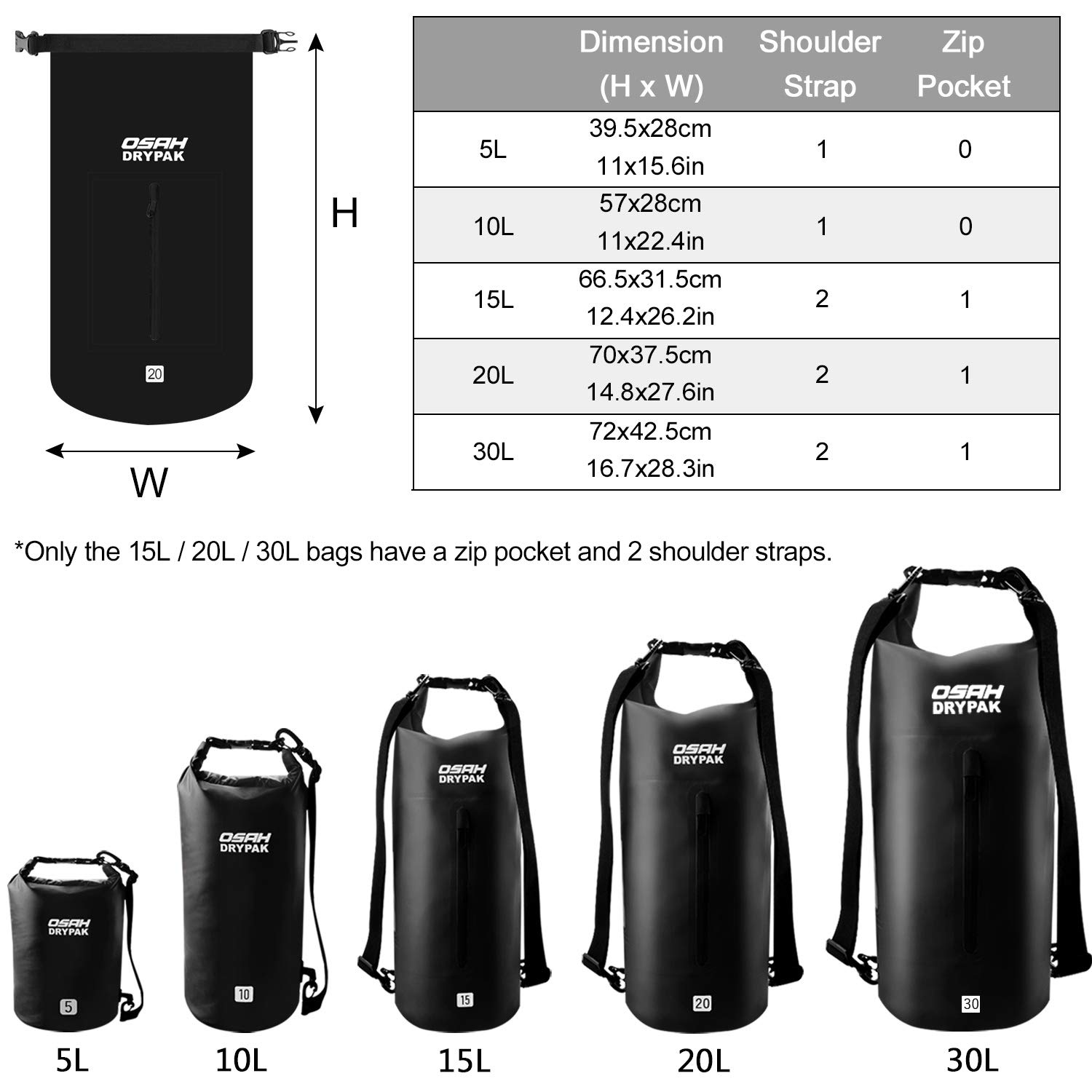 OSAH DRYPAK Borse Impermeabile Sacca Dry Bag 5L 10L 15L 20L 30L con Tracolla Regolabile per Spiaggia Sport d'Acqua Trekking Kayak Canoa Pesca Rafting Nuoto Campeggio