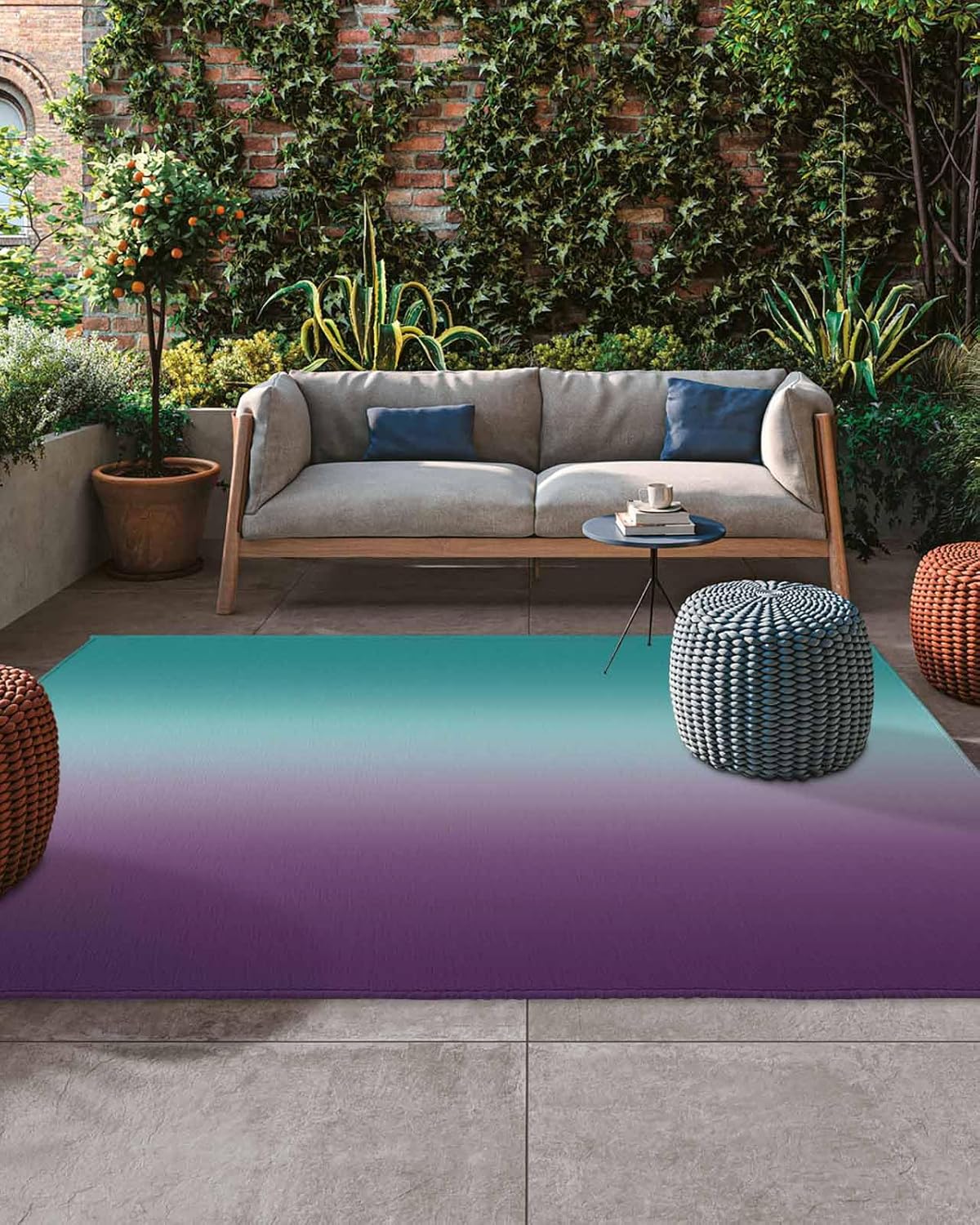 Waterproof Outdoor Rug 5x8 Ft Large Area Rug Ombre Textured Turquoise Purple Indoor Outdoor Carpet Reversible Outdoor Rugs Mats for Patio Camping,RV,Front Door, Lavender Teal Non Slip Outside Decor