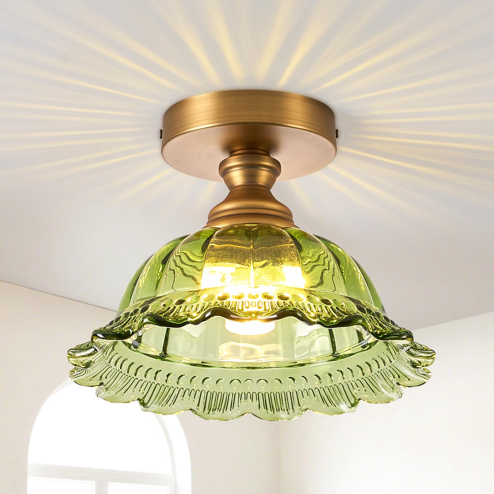 CHILDHOOD Green Glass Ceiling Lighting Fixture, Semi-Embedded, Modern Vintage Suitable for Bedroom, Hallway, Kitchen (H087-G)