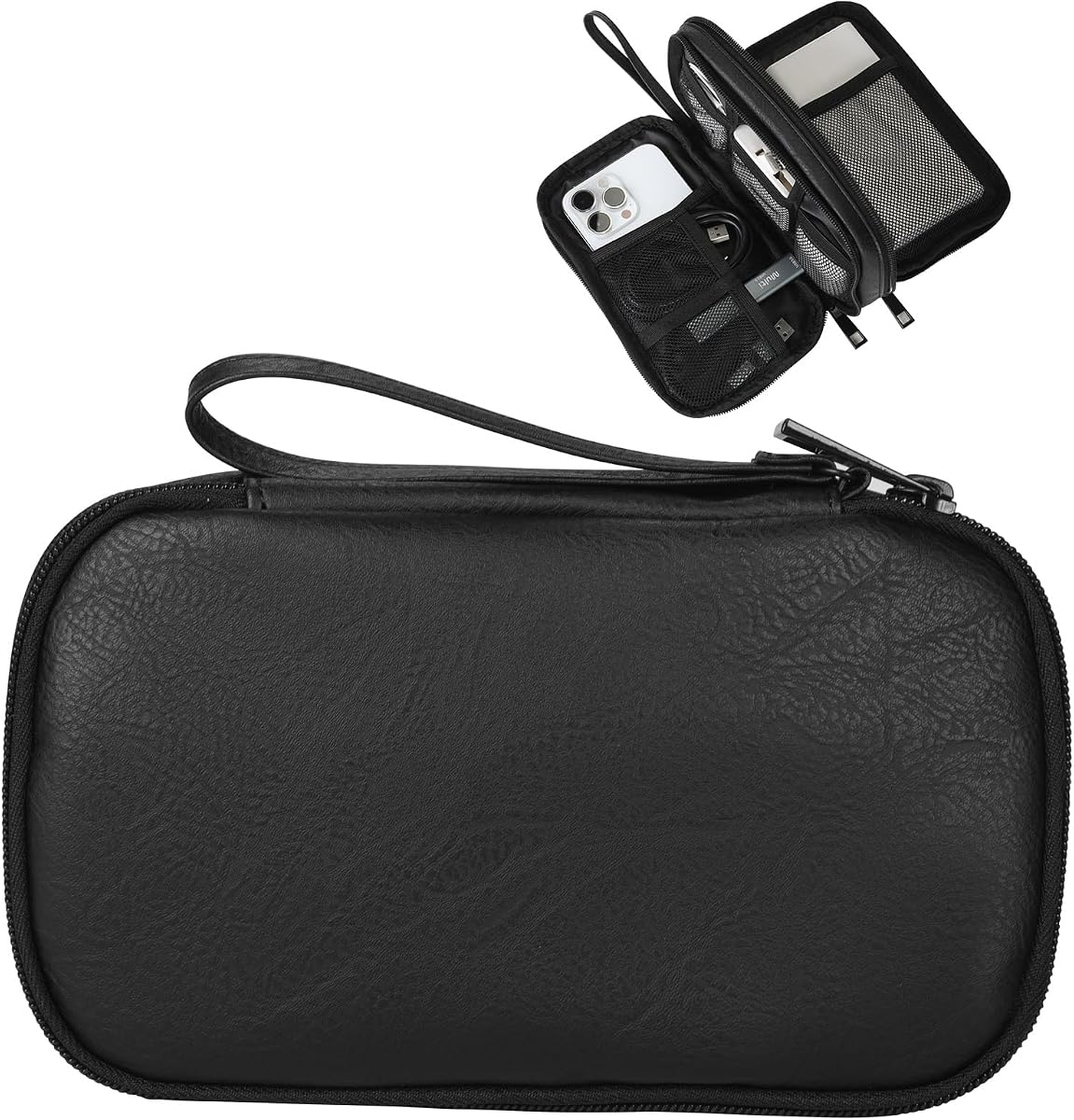 Bolsa organizadora de cables de viaje, bolsa de cuero para accesorios electrónicos, bolsa de almacenamiento portátil impermeable de doble capa todo en uno para cable, cargador, teléfono, auriculares (negro, pequeño)