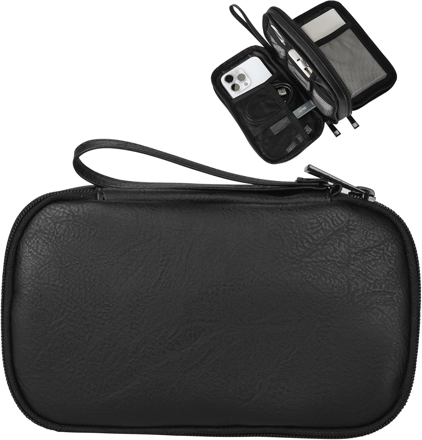 Travel Cable Organizer Bag, Electronic Accessories Carry Pouch, Portable Waterproof Double Layers All-in-One Storage Bag for Cord, Charger, Phone, Earphone (Black, Small)
