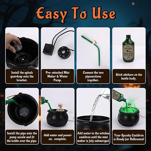 Miniatura 6 de Caldero decoraciones de Halloween para interiores  Juego de pociones flotantes mágicas de esqueleto con caldero de brujas y fabricante de niebla LED