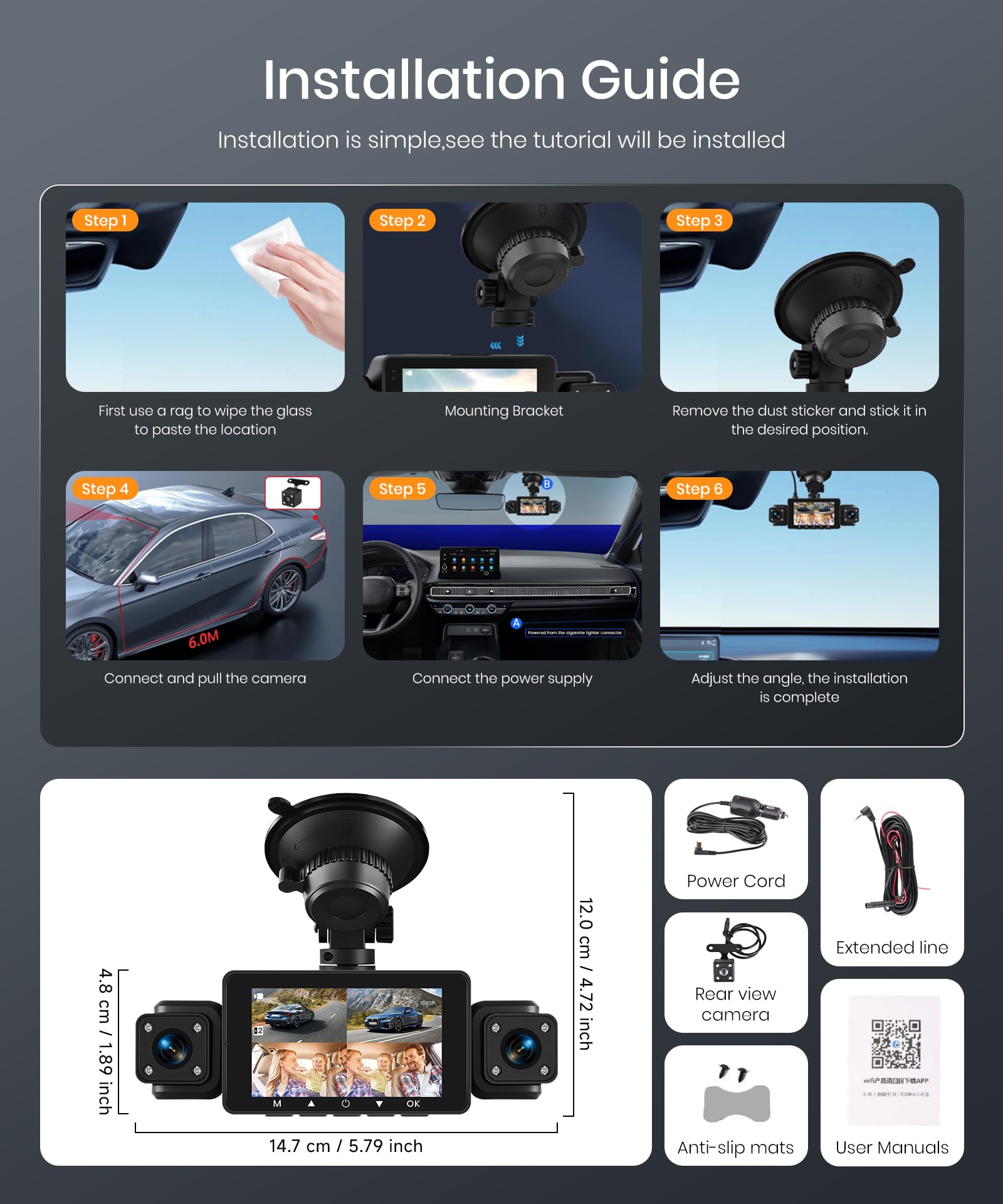 Dashcam 4 Canali 360° WiFi – 2K+1080P, Anteriore/Posteriore/Sinistra/Destra, Visione Notturna IR, App E G-Sensor