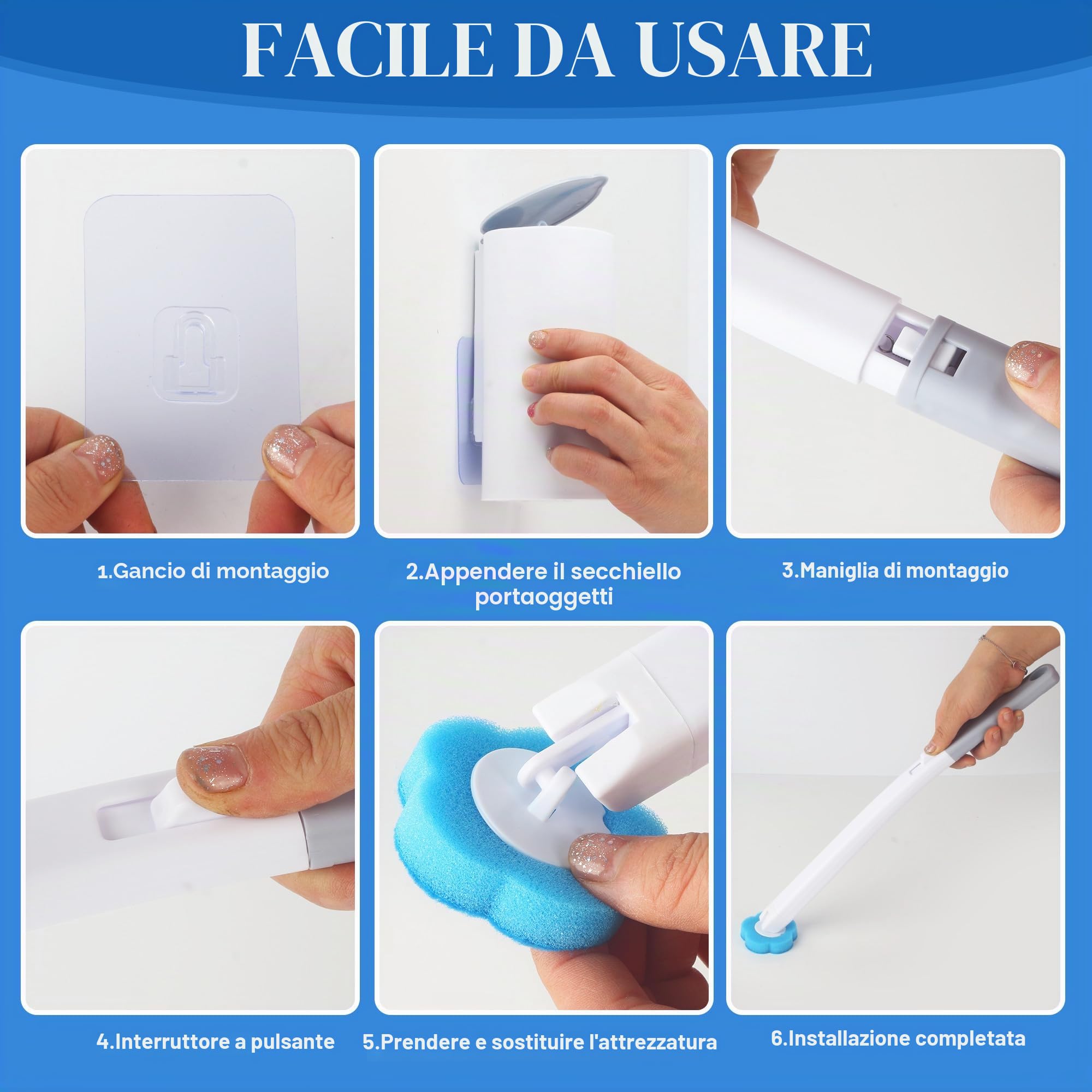 Scopino per WC usa e getta, set da 2 con manico allungato e supporto, scopini per WC, scopino per WC usa e getta con 48 ricariche detergenti per lavandino, vasca da bagno, lavandino.