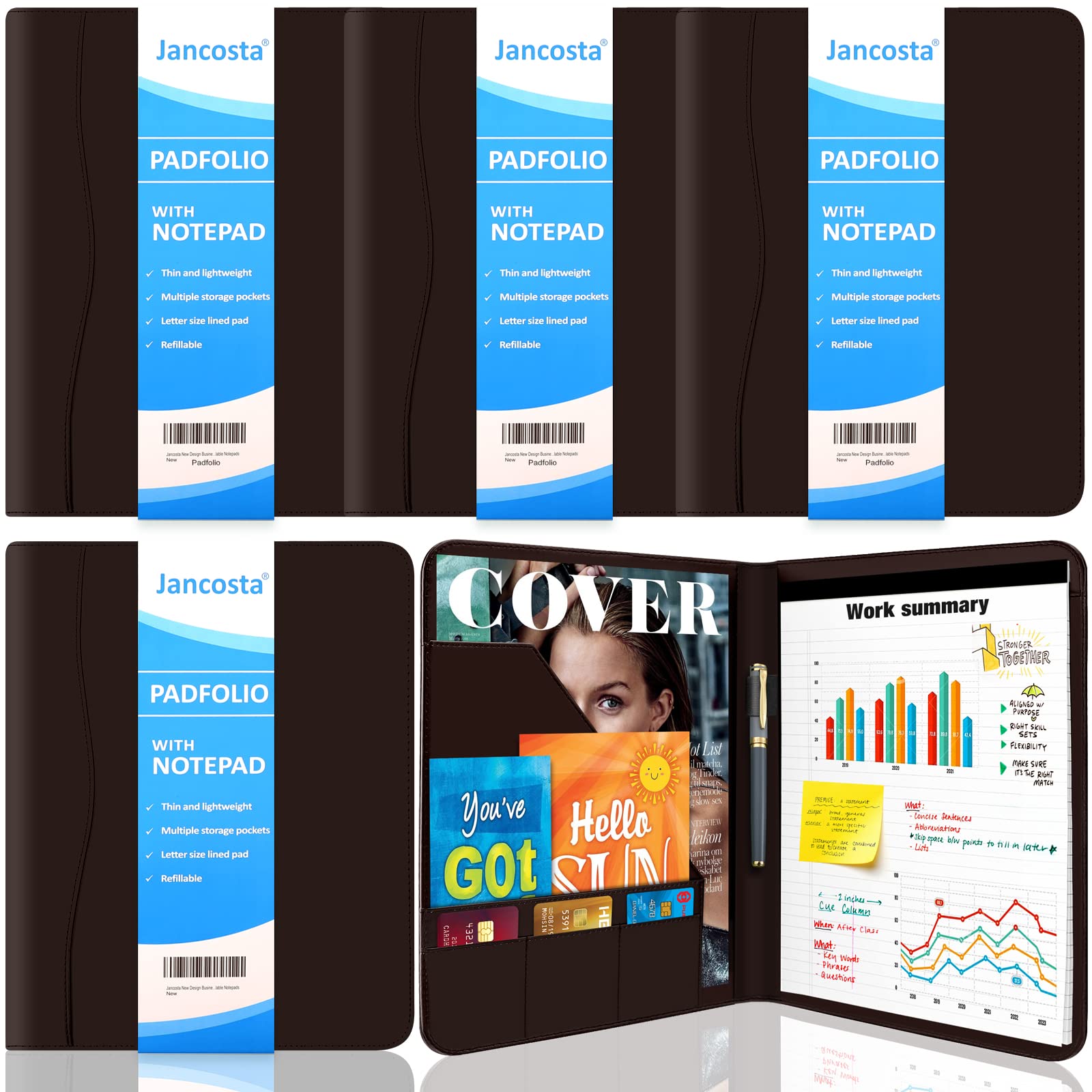 Jancosta 5 Pack Business Padfolio Portfolio Binder, Faux Leather Folio Folder, Resume Legal Document Organizer with Letter Size Writing Notepads (New