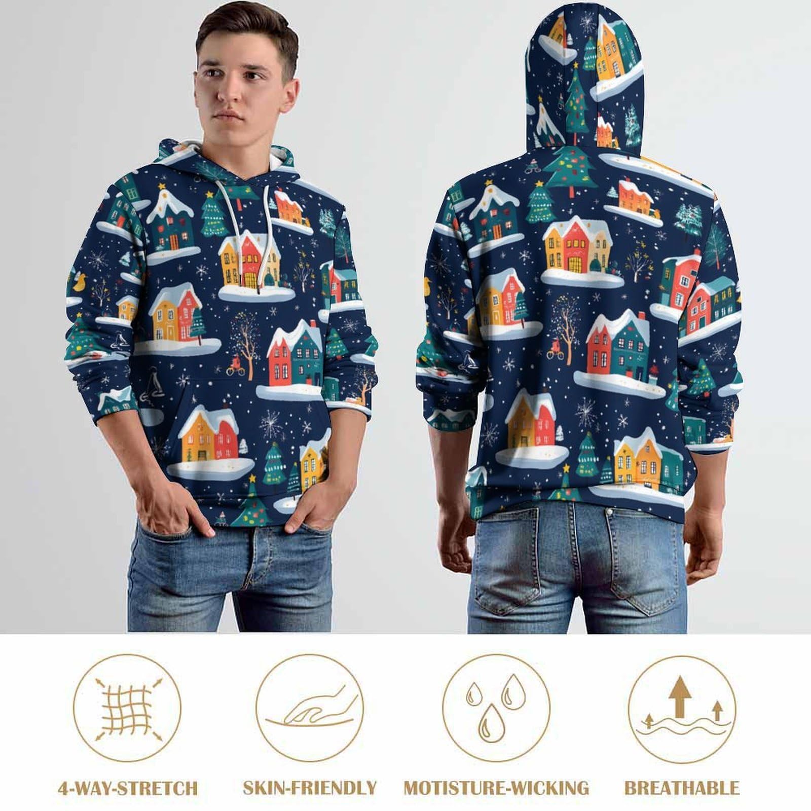 Felpa con cappuccio alla moda con case colorate di Natale per uomo donna manica lunga grafica colorata morbida pullover top