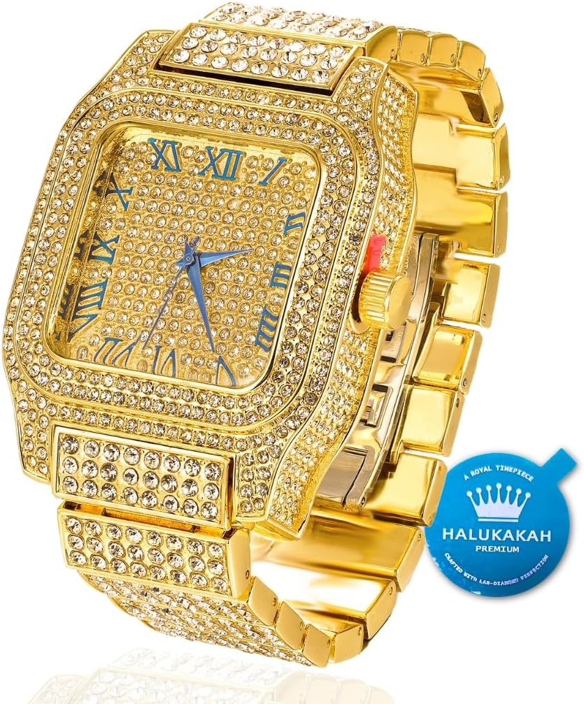 Halukakah Herren Diamantuhr ● König ● 18K Gold/Platin Plattiert,Strassbesetztes Armband,Handgesetzte Labordiamanten, Wahlweise mit Kubanischer Kettenhalskette Armband,Geschenkbox Erhältlich