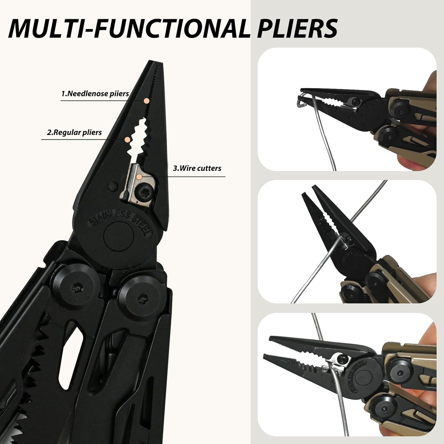 23-in-1 Multitool Pliers - Multi tool Pocket Knife with Screwdriver, Fire Starter, Saw, Whistle, Wire Stripper, Survival Gear for Hunting and Camping with Nylon Sheath (Brown)