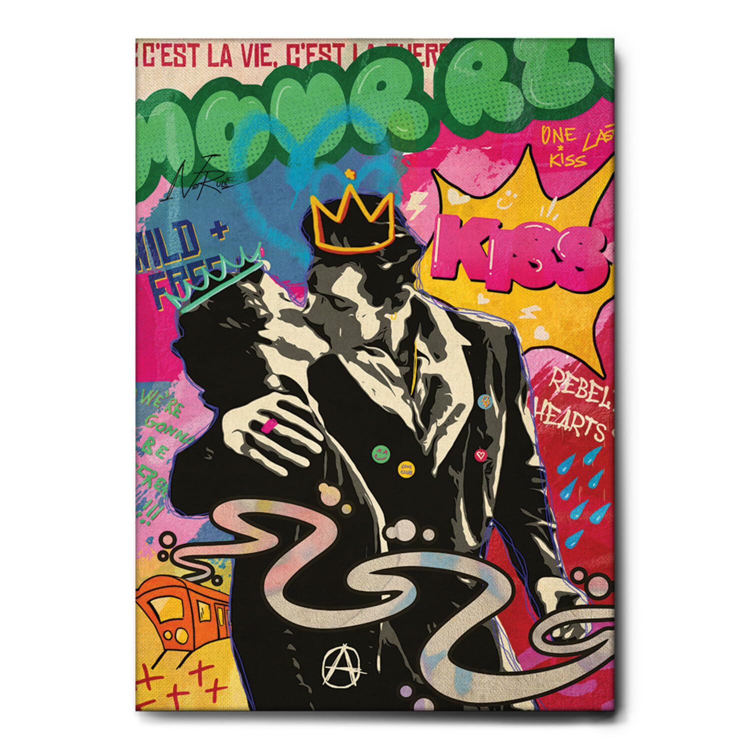 Giallobus - Quadro - 11 - Il bacio alla stazione punk - Tela Canvas Telaio Standard - 50L x 70l cm - Pronto da appendere - Quadri moderni per la casa