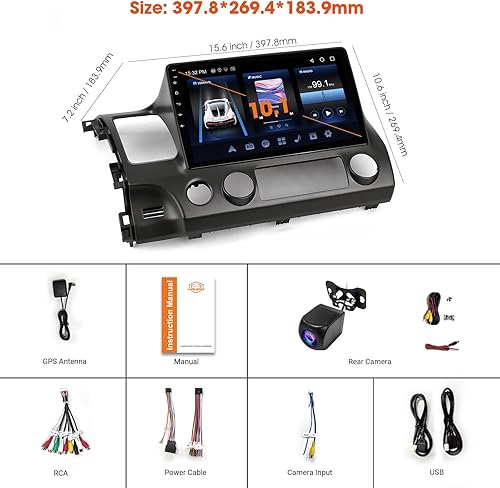 Miniatura 7 de Radio estéreo de coche con pantalla táctil HD de 10.1 pulgadas para Honda Civic 2006-2011 con CarPlay inalámbrico y Android Auto,