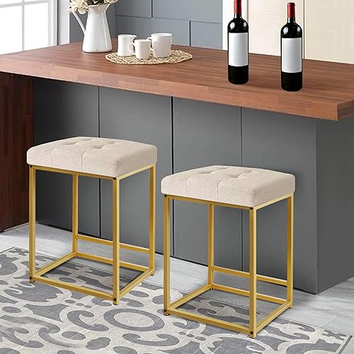 Miniatura 7 de Taburete de bar de lino de 24 pulgadas con marco de metal de latón taburetes tapizados sin espalda para isla de cocina cojín acolchado de grosor de