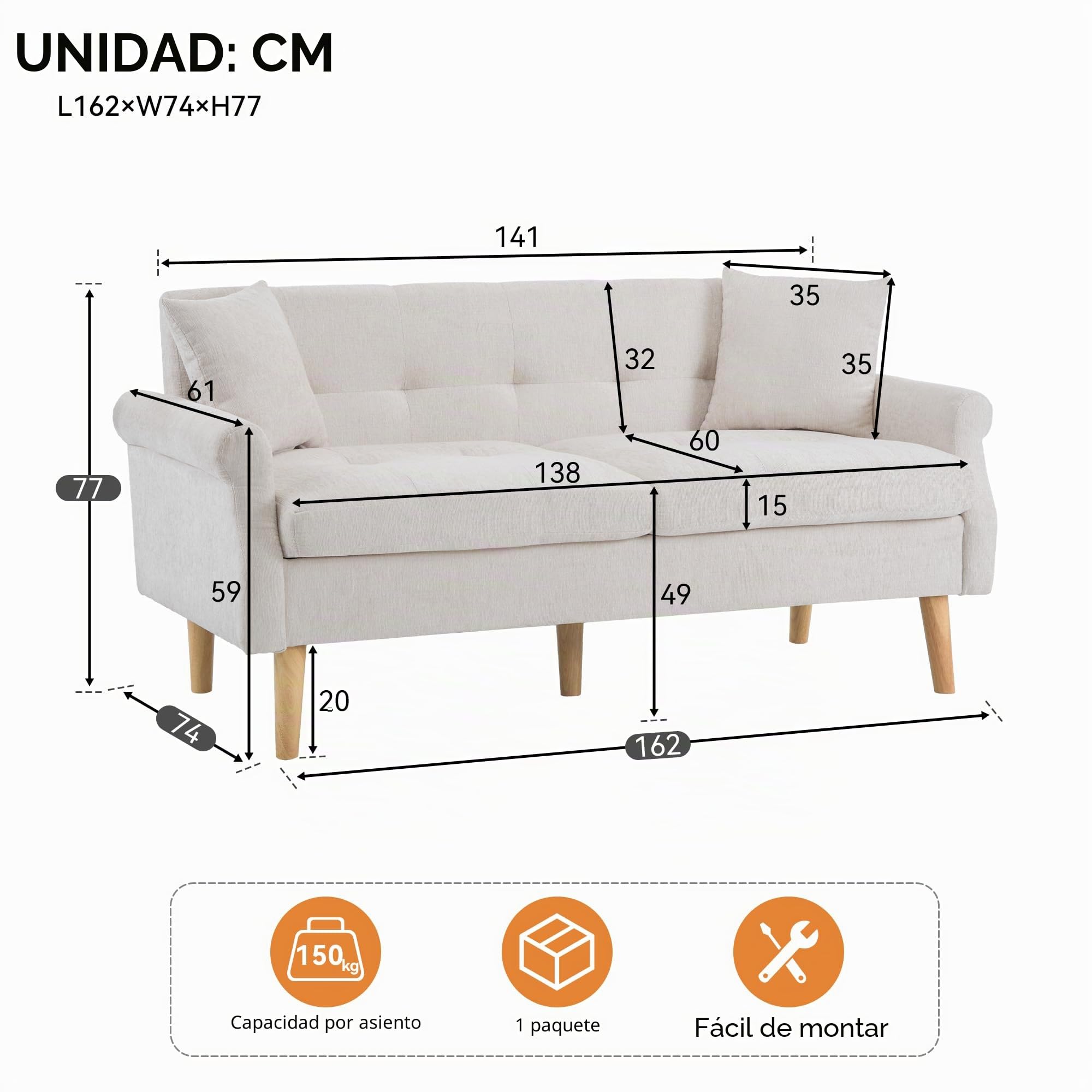 Sofá doble, sofá tapizado, sofá con cojines gruesos, diseño moderno, muebles tapizados, tela de chenilla, adecuado para salón, dormitorio, apartamento, 162 x 74 x 77 cm (beige)