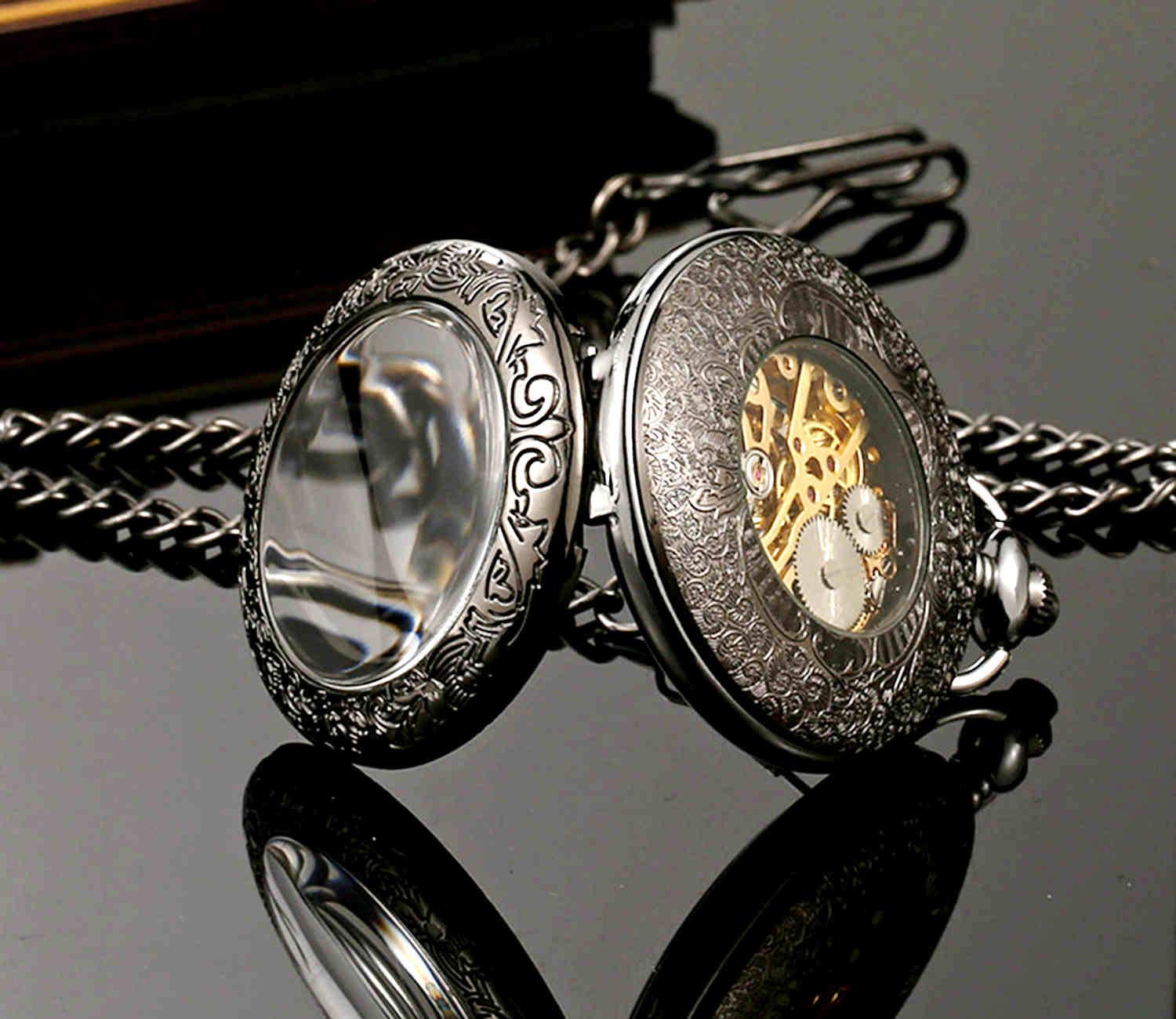 Steampunk Vintage Roman Litery Design Case Mechaniczny zegarek kieszonkowy z łańcuszkami na prezenty świąteczne, Czarny