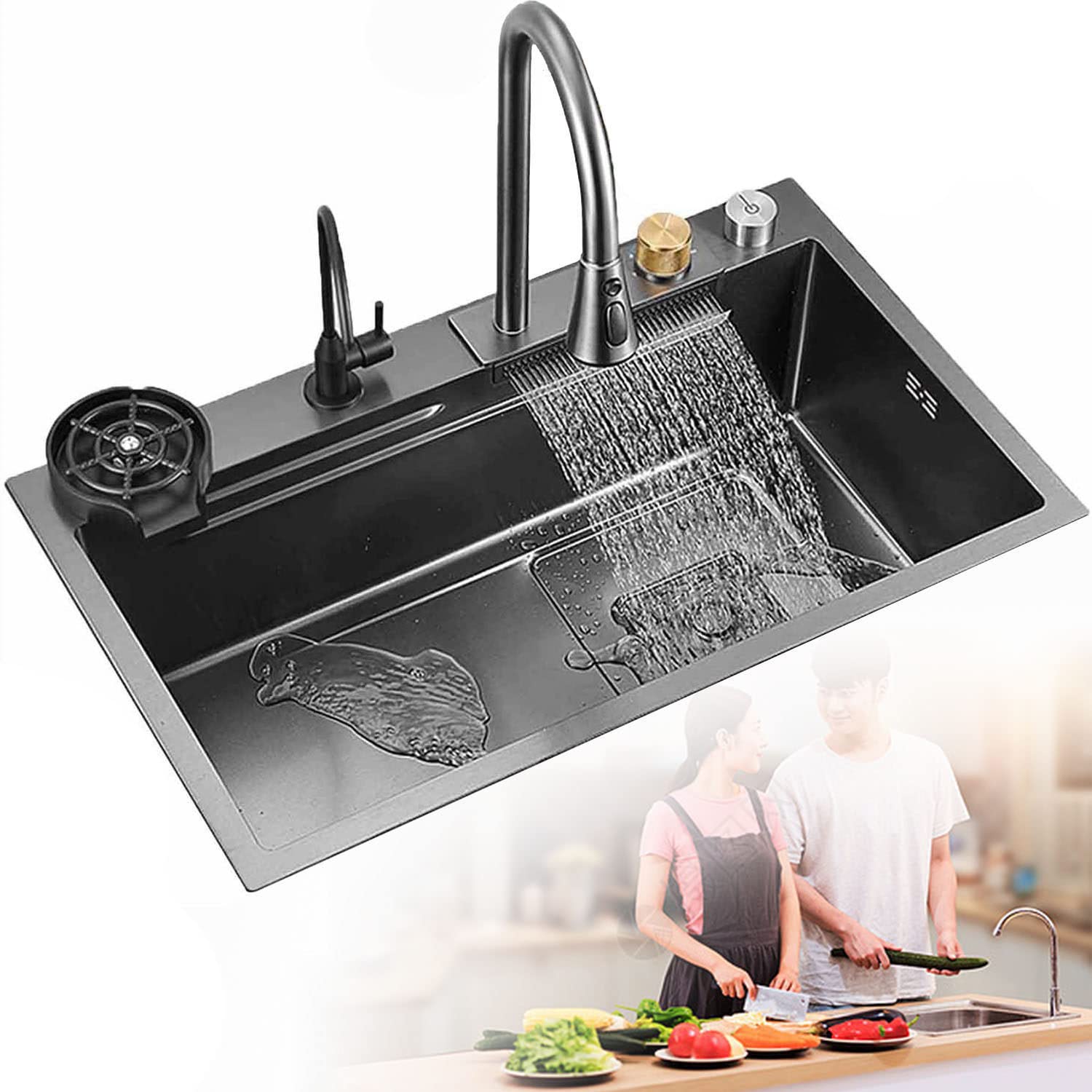 ZQFHSX Stainless SteelWaterfall Kitchen Sink Gray Nano Single Basin with PullOut Faucet 68x45x20cm Modern Household for Stylish Workspaces