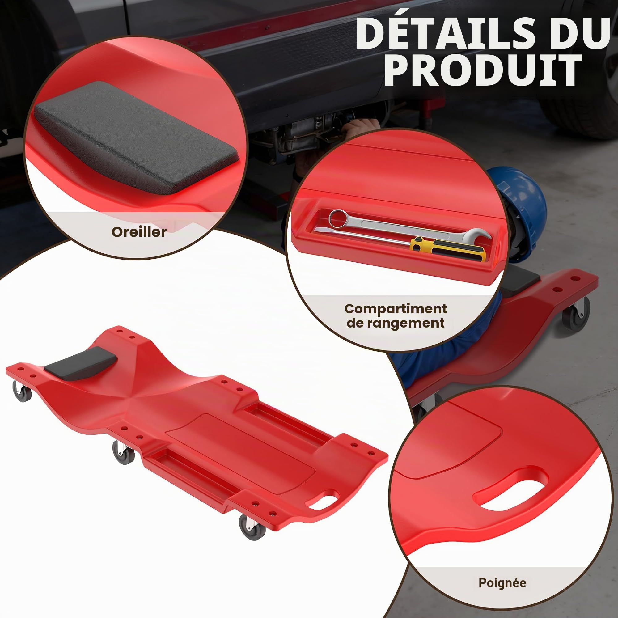 LZQ Planche à roulettes de montage pour voiture, chaise longue d'atelier, en plastique, avec appuie-tête et compartiments de rangement, capacité de charge 150 kg, chariot d'atelier pour entretien de