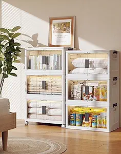 OlarHike 48QT Stackable Storage Bins with Lids - Folding Storage Boxes with Doors and Wheels, Collapsible Plastic Storage Organizer for Closets, Storage and Organization, 6 Pack Cubes