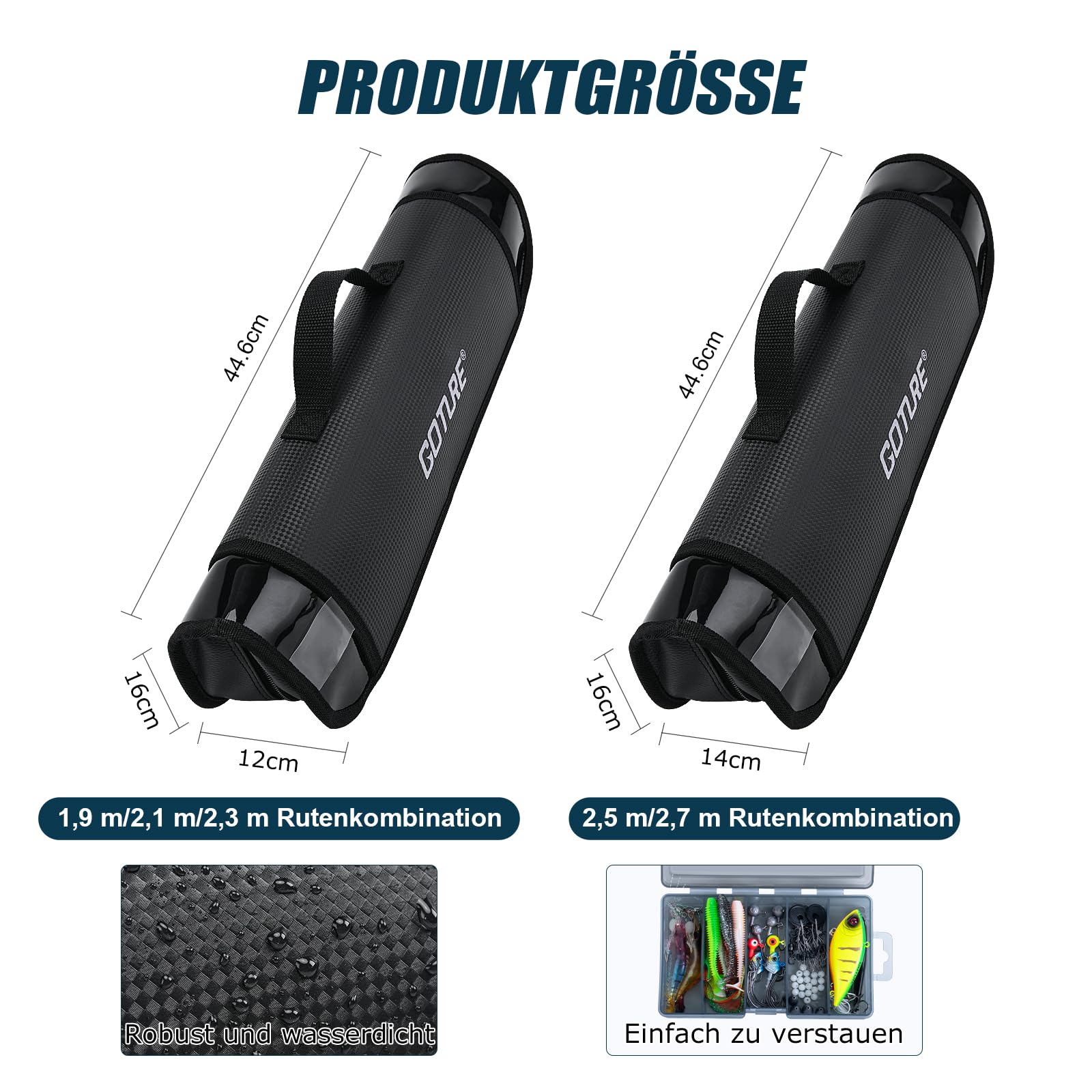 Goture Set da pesca con 2 canne da pesca telescopiche, 1,9 m/2,1 m/2,3 m/2,5 m/2,7 m, set completo 2 5,2: 1, spinning, corda, scatola per esche e borsa per il trasporto, per acqua salata/dolce, viaggi
