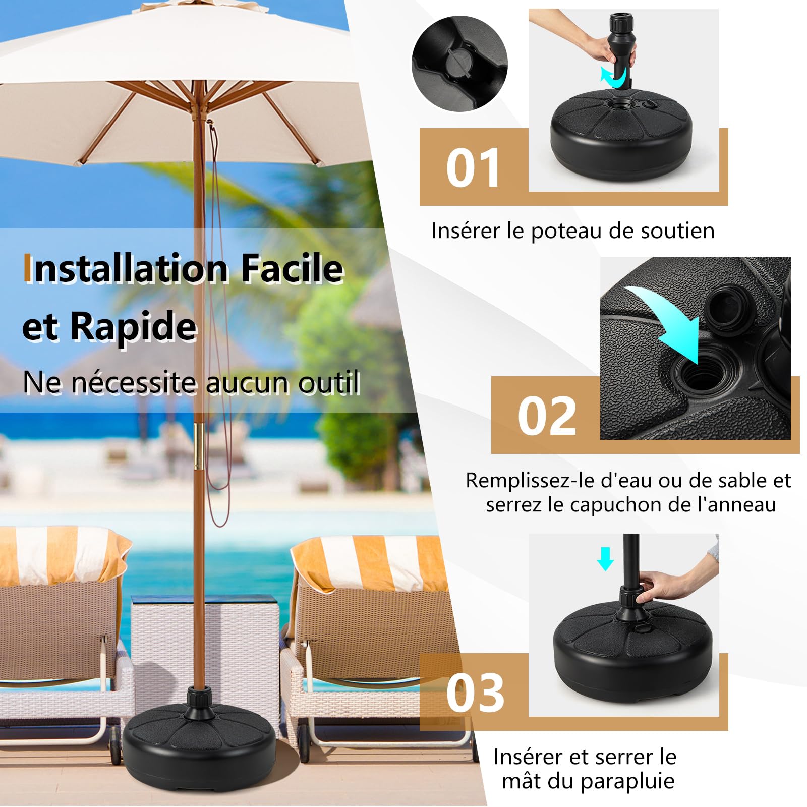 COSTWAY Pied de Parasol pour Parasol φ38mm, Support Parasol Extérieur en HDPE Rempli de 18 kg Sable & Eau/15 kg Sable / 9,5L Eau, Poignée de Transport, pour Terrasse Piscine Jardin, Dia.37 x H19 cm