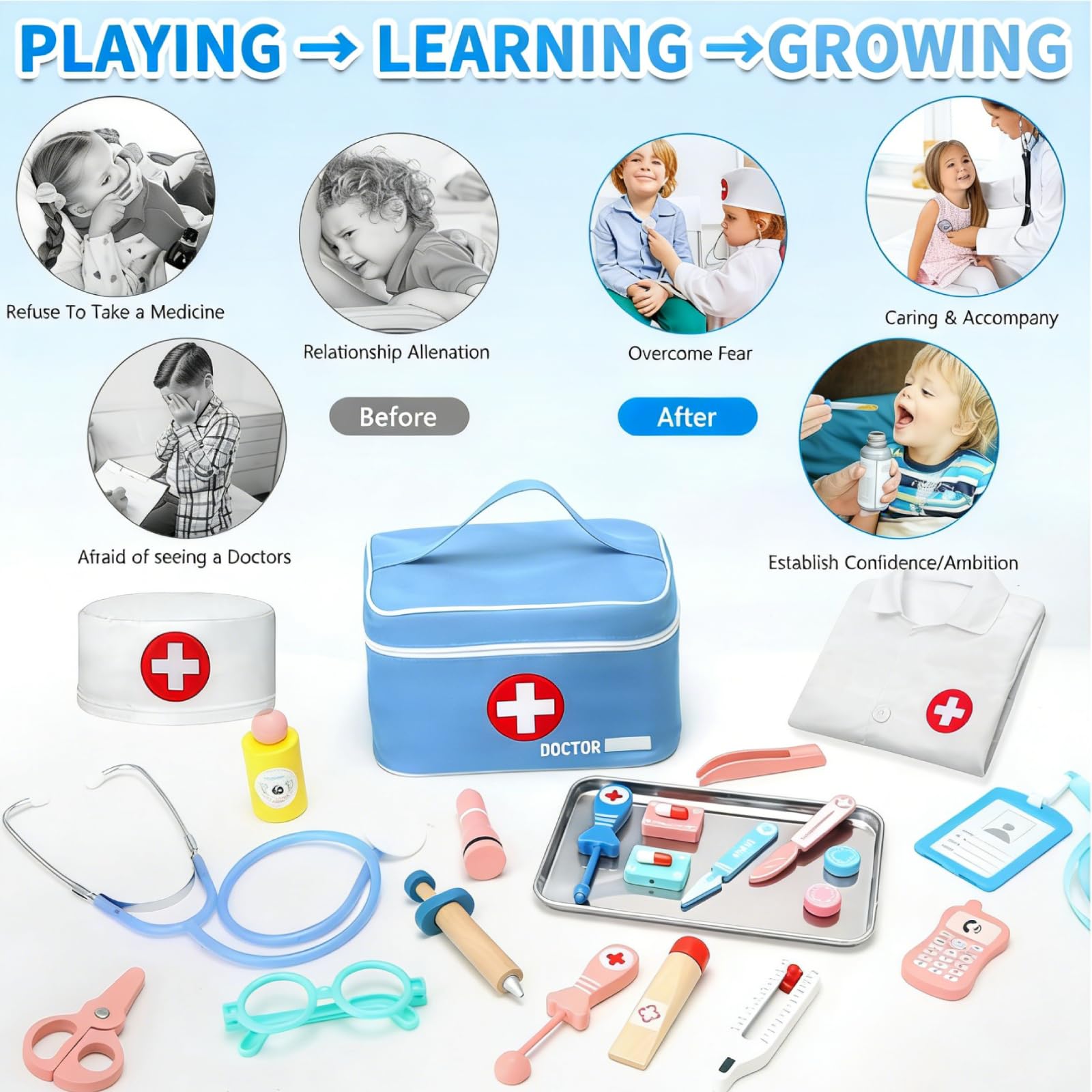 Malette Docteur Enfant, avec Véritable Stéthoscope, Thermomètre, Blouse de Médecin et Sac de Médecin Portable, Malette Docteur Enfant pour Fille Garcon 3+ Ans, Jouet Enfant 3 4 Ans