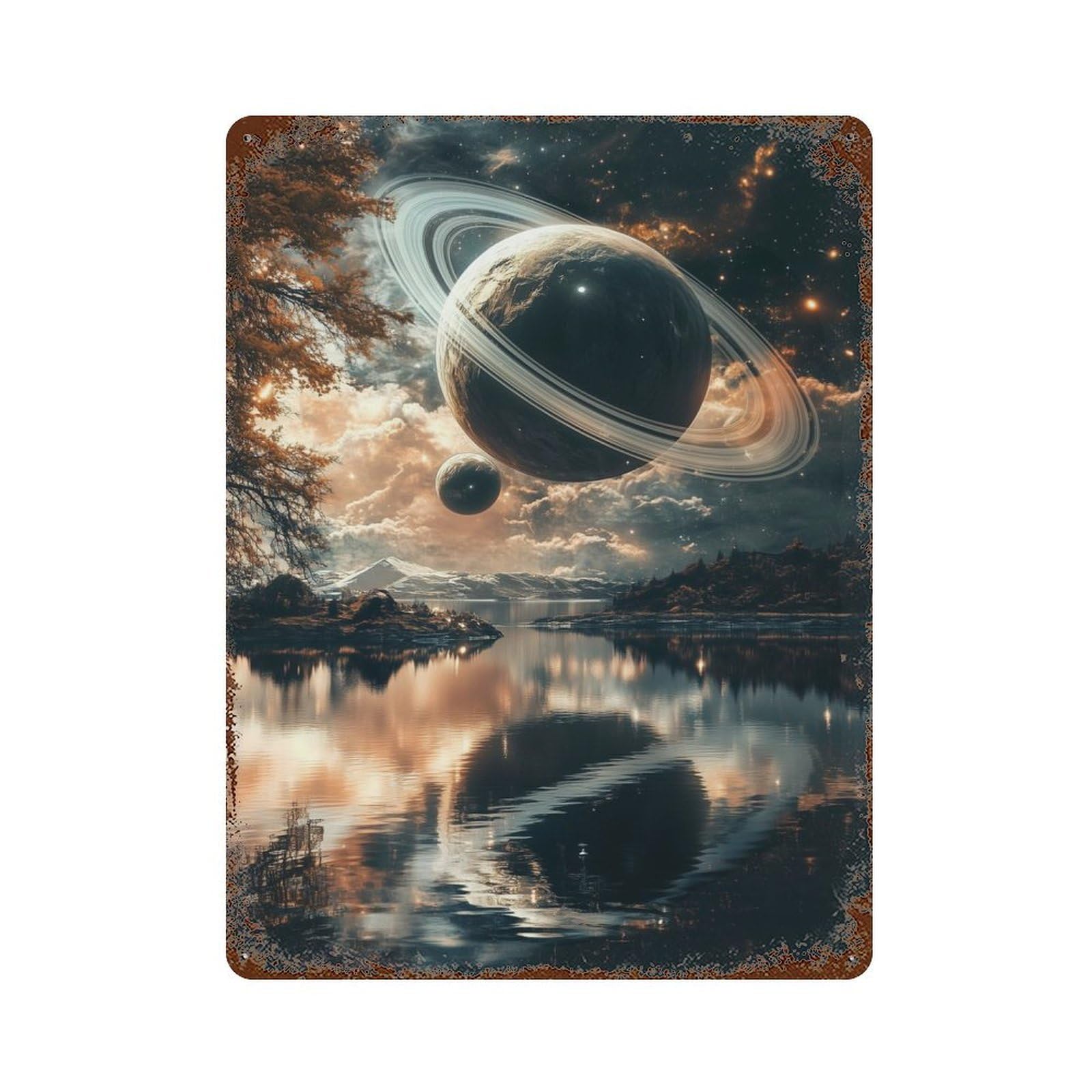 Distressed Metal Wall Sign with Interstellar Dreamscape Design 15.7"x11.8", for Farmhouse, Kitchen And Entryway Decor, Old School Wall Decor