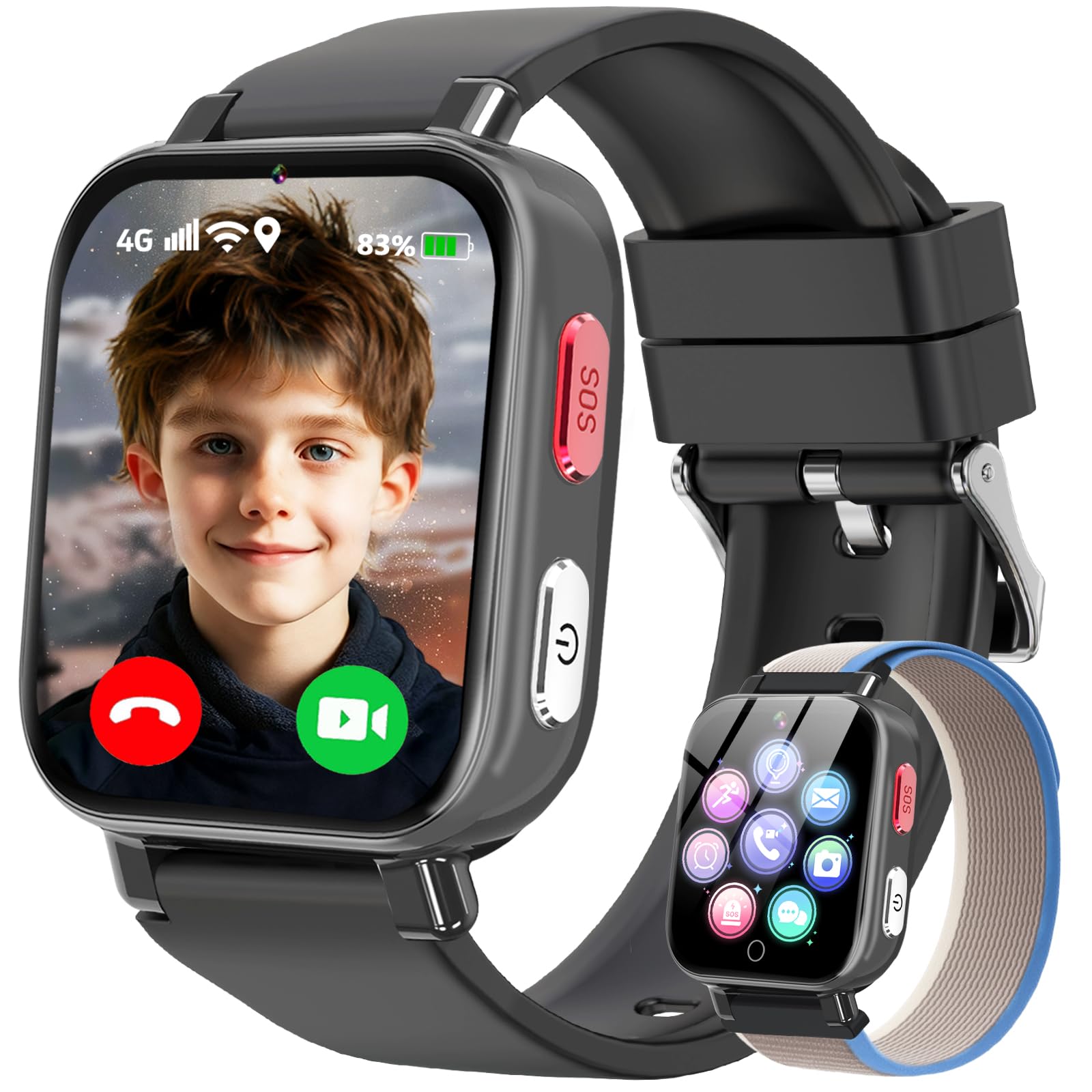 4G Smartwatch Bambini con GPS e Telefono, Orologio Smartwatch Bambini con Videochiamate, Chat Vocale, Modalità Scuola, SOS, Contapassi, Orologio Intelligente Regalo Ragazzi Ragazze 4-12, Nero