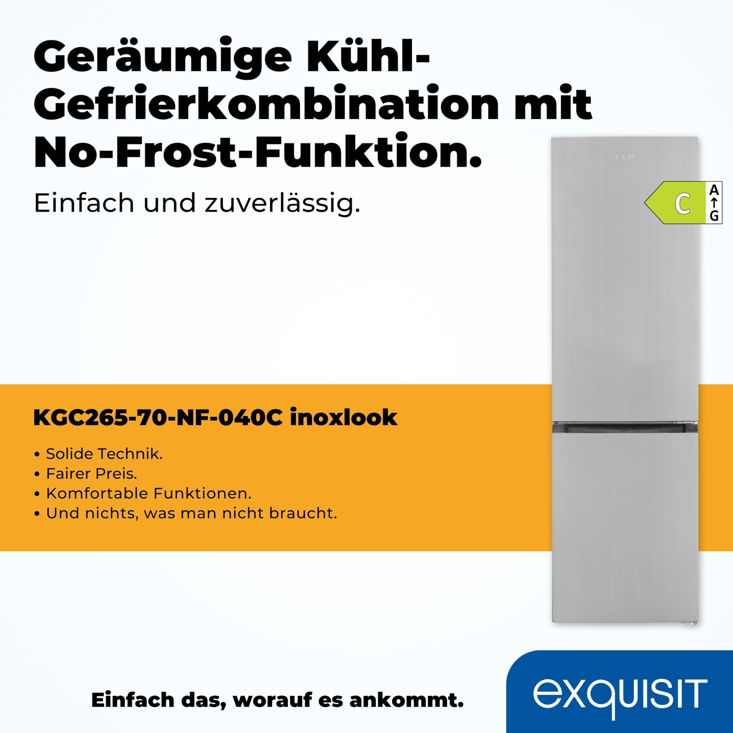 Exquisit Kühl-Gefrierkombination No-Frost 253 L, Inox, Klasse C