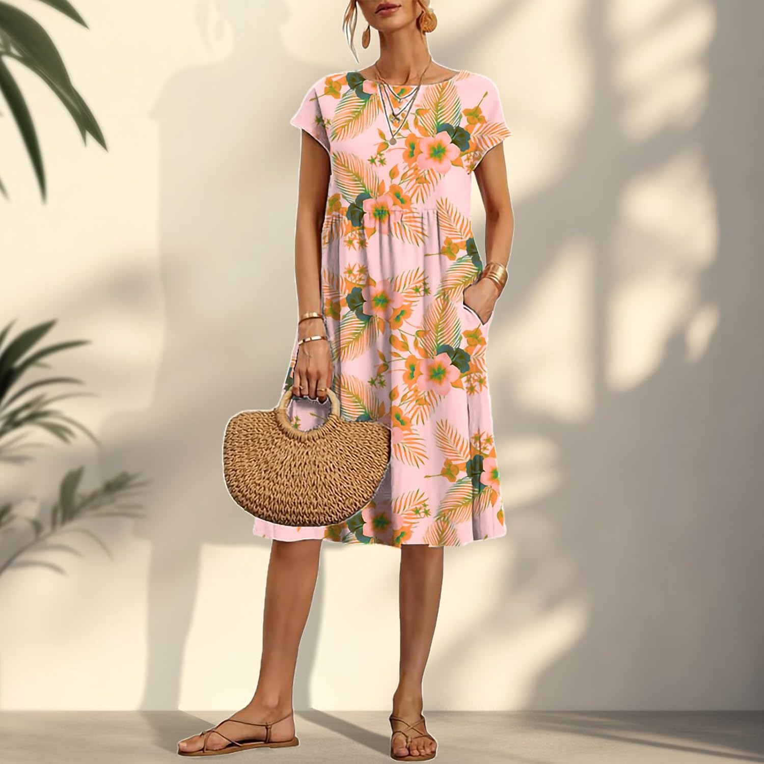 Cottagecore Boho Summer Dresses Comfy Floral Graphic Knee Length High Rise Cap Sleeve Beach Clothing with Pockets - Image 2