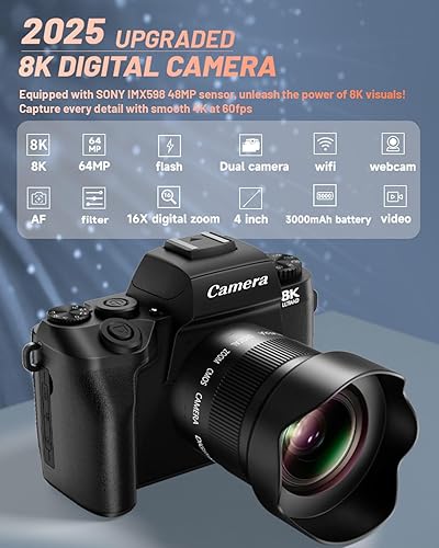 Miniatura 2 de Cámara digital 8K para fotografía, cámara de vlogging para YouTube con enfoque automático, pantalla táctil de 4 pulgadas, cámara de video con zoom